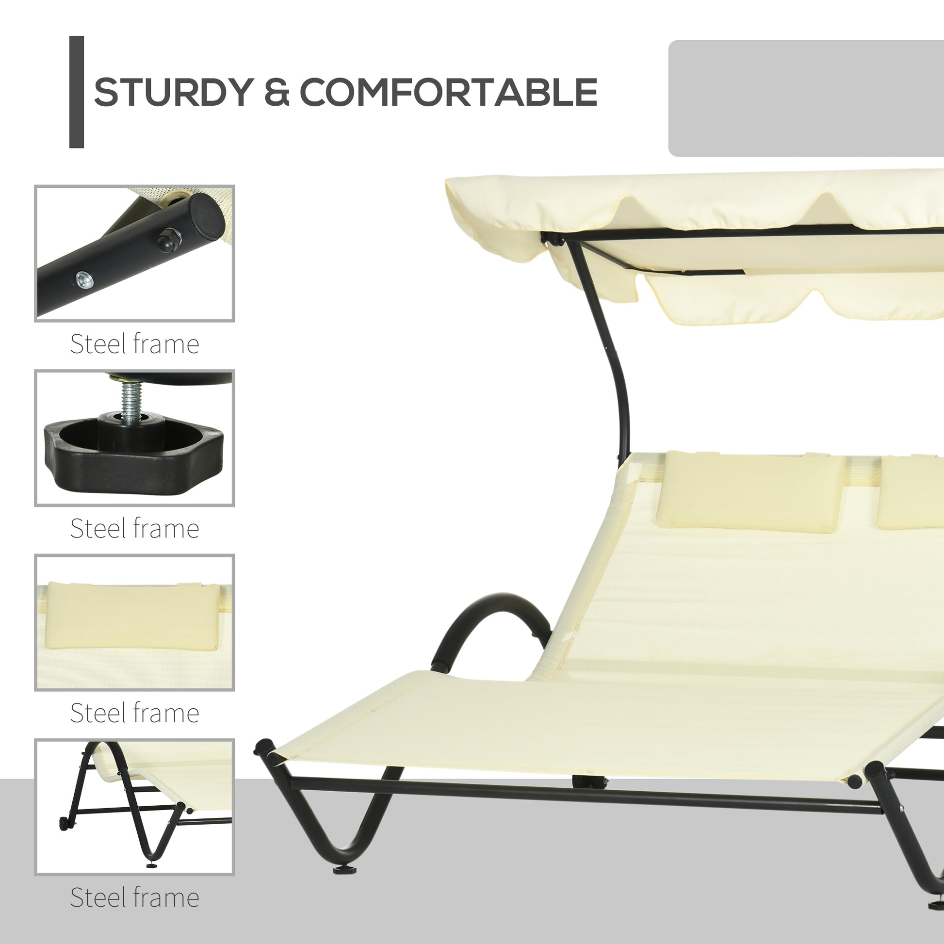 Outdoor Patio Chaise Lounge Chair, Patio Sun Lounger w/ Sunshade Roof, for Two People with Wheels and Breathable Sling Mesh Bed, Pillows, Beige Daybeds   at Gallery Canada