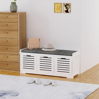 Upholstered Shoe Cabinet Storage Bench with Padded Cushion, with 3 drawer Enough Storage Space Bench Stool for Living Room Entryway Furniture, White Shoe Storage Cabinets & Racks   at Gallery Canada