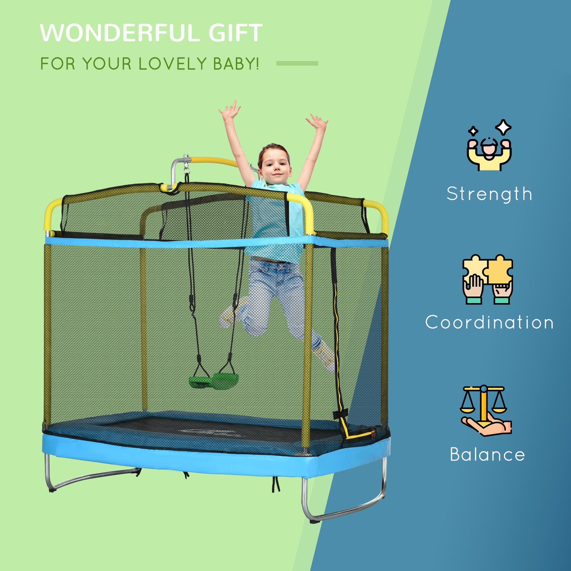 6.9FT Kids Trampoline with Safety Net, Gymnastics Bar, Swing, Toddler Trampoline for 3+ Years Old Indoor/Outdoor Trampolines   at Gallery Canada