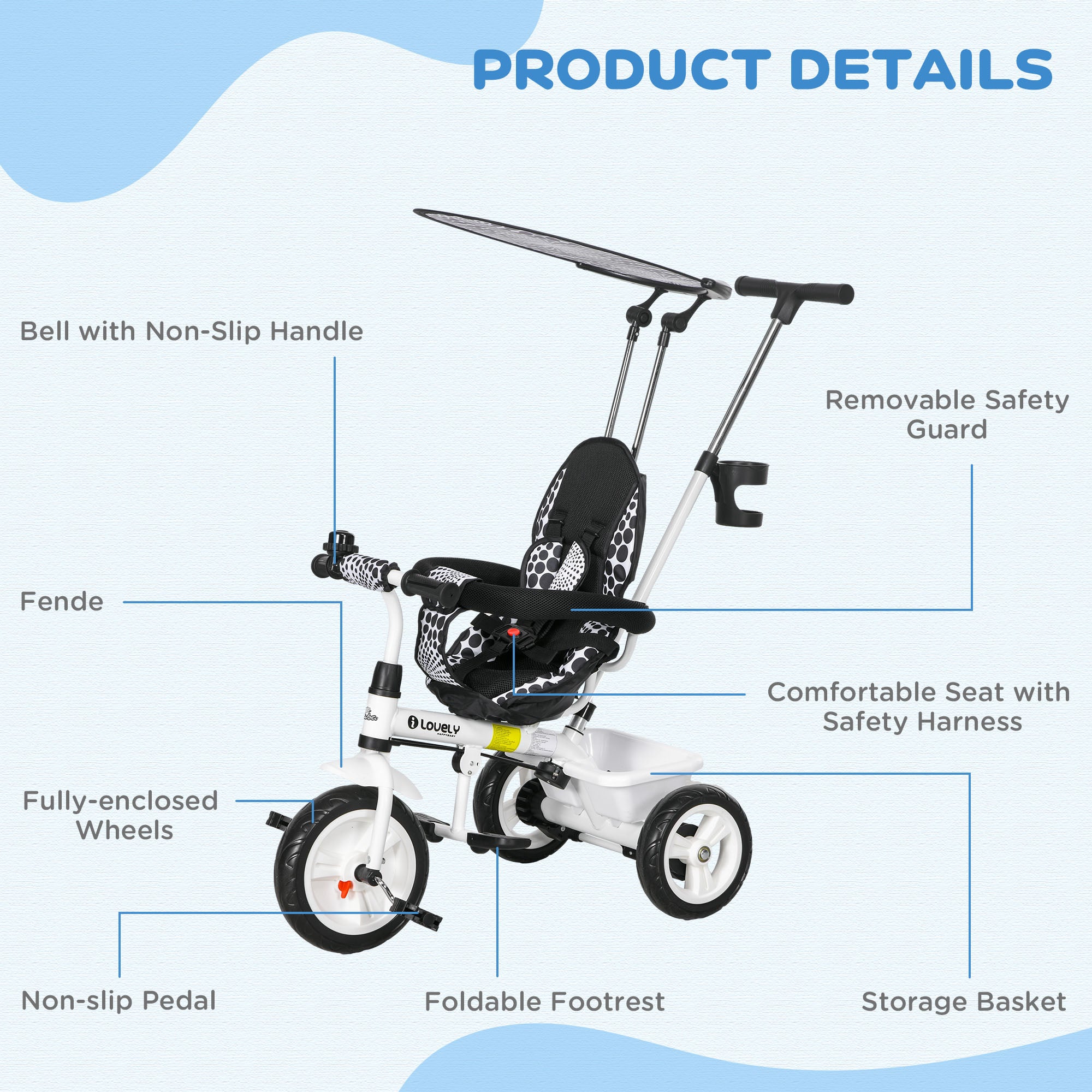 6 in 1 Kids Tricycle with Removable Handlebar and Canopy, White Tricycles for Kids at Gallery Canada