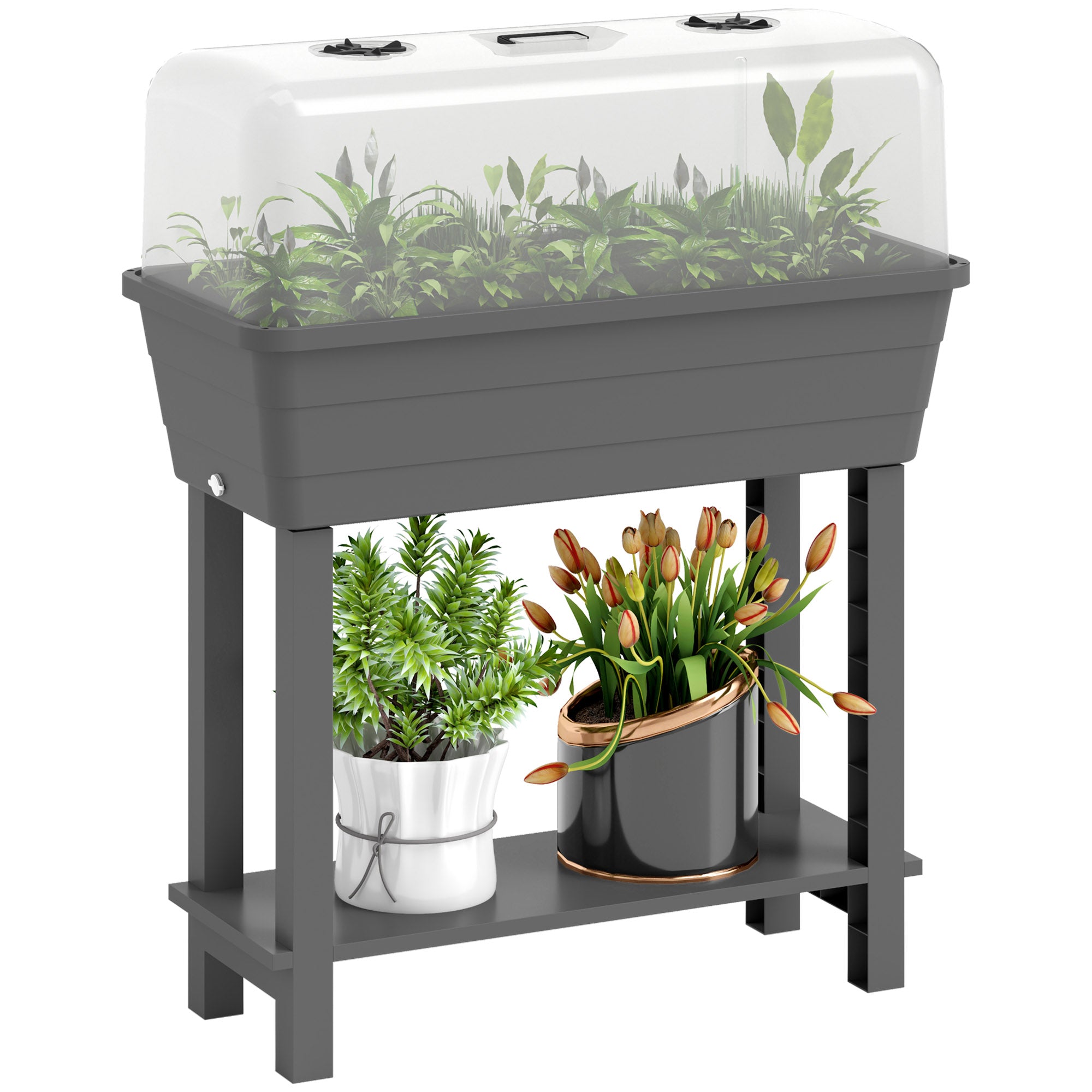 41L Self Watering Raised Garden Bed w/ Ventilation Transparent Lid Greenhouse, Planter Box w/ Storage Shelf, Dark Grey Raised Garden Beds at Gallery Canada
