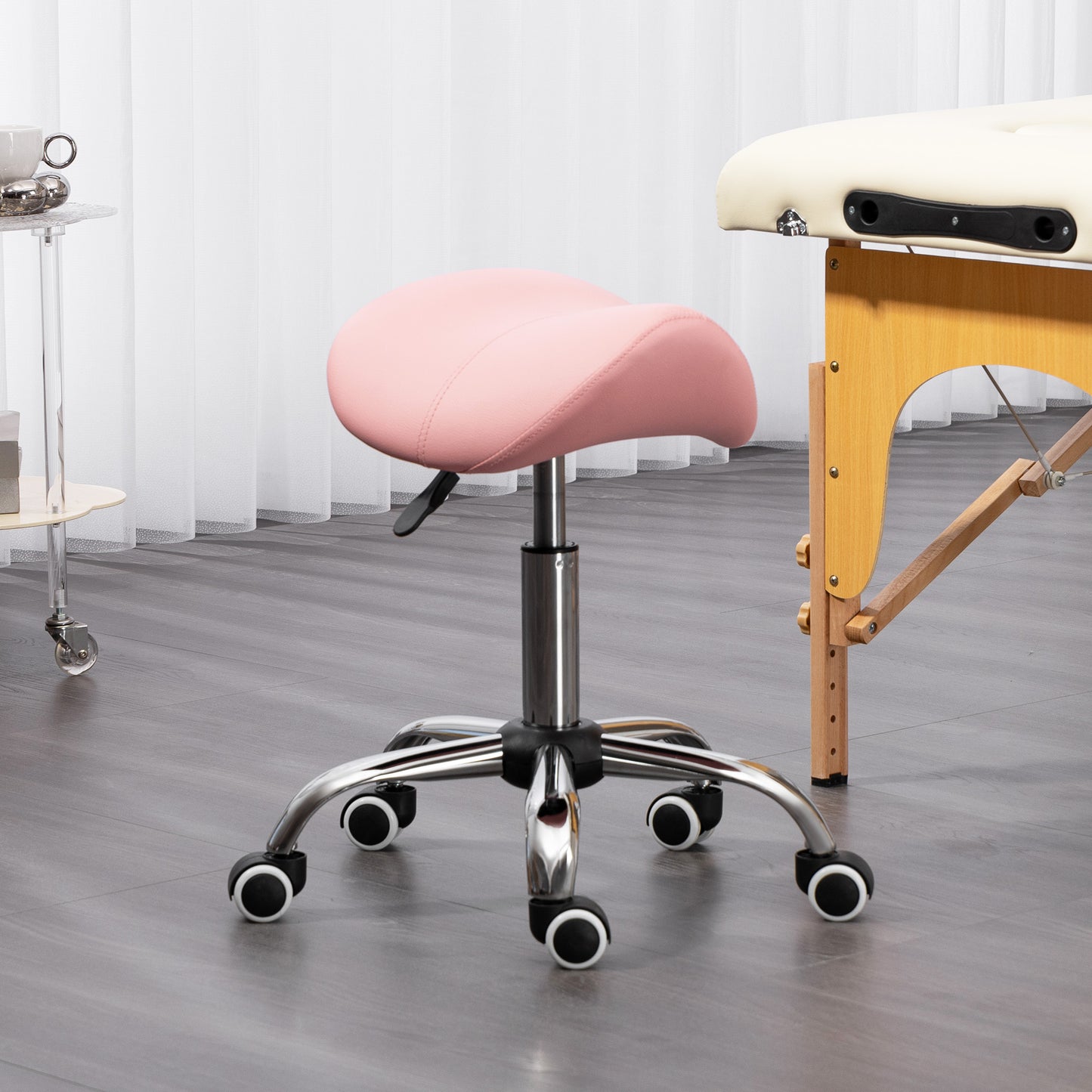 Cosmetic Stool 360° Rotate Height Adjustable Salon Massage Spa Chair Hydraulic Rolling Faux Leather Saddle Stool, Pink Salon Stools   at Gallery Canada