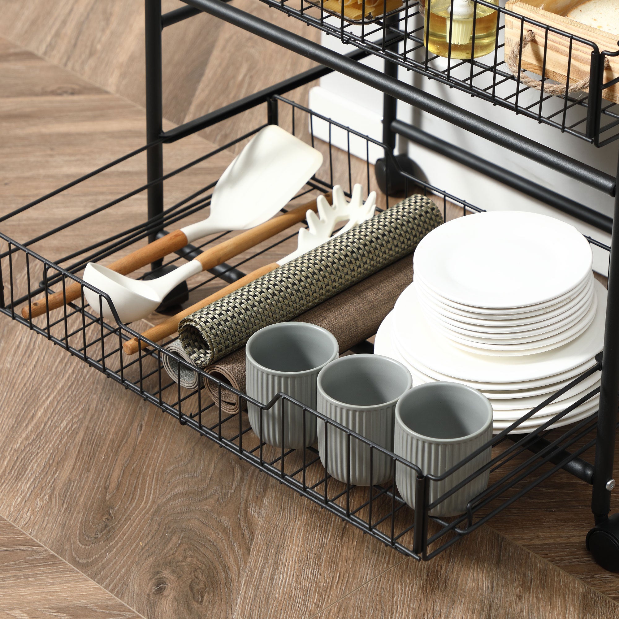 Rolling Kitchen Cart, 3-Tier Utility Storage Cart with 2 Basket Drawers &; Side Hooks, Lockable Casters for Dining Room Kitchen Islands & Kitchen Carts at Gallery Canada