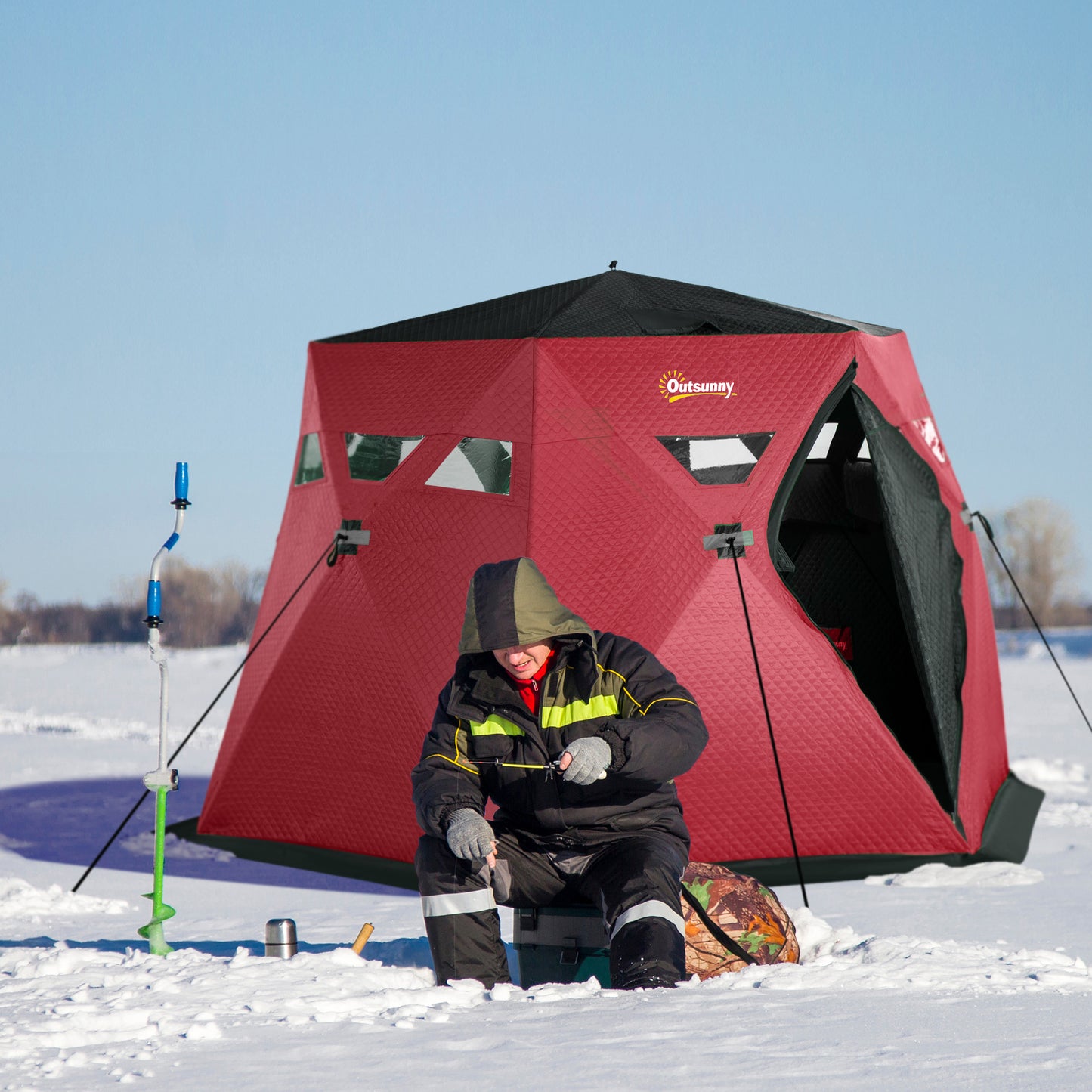 4 Person Insulated Ice Fishing Shelter, Pop-Up Portable Ice Fishing Tent with Carry Bag and Two Doors for -22℉, Red Ice Fishing Tents Red  at Gallery Canada