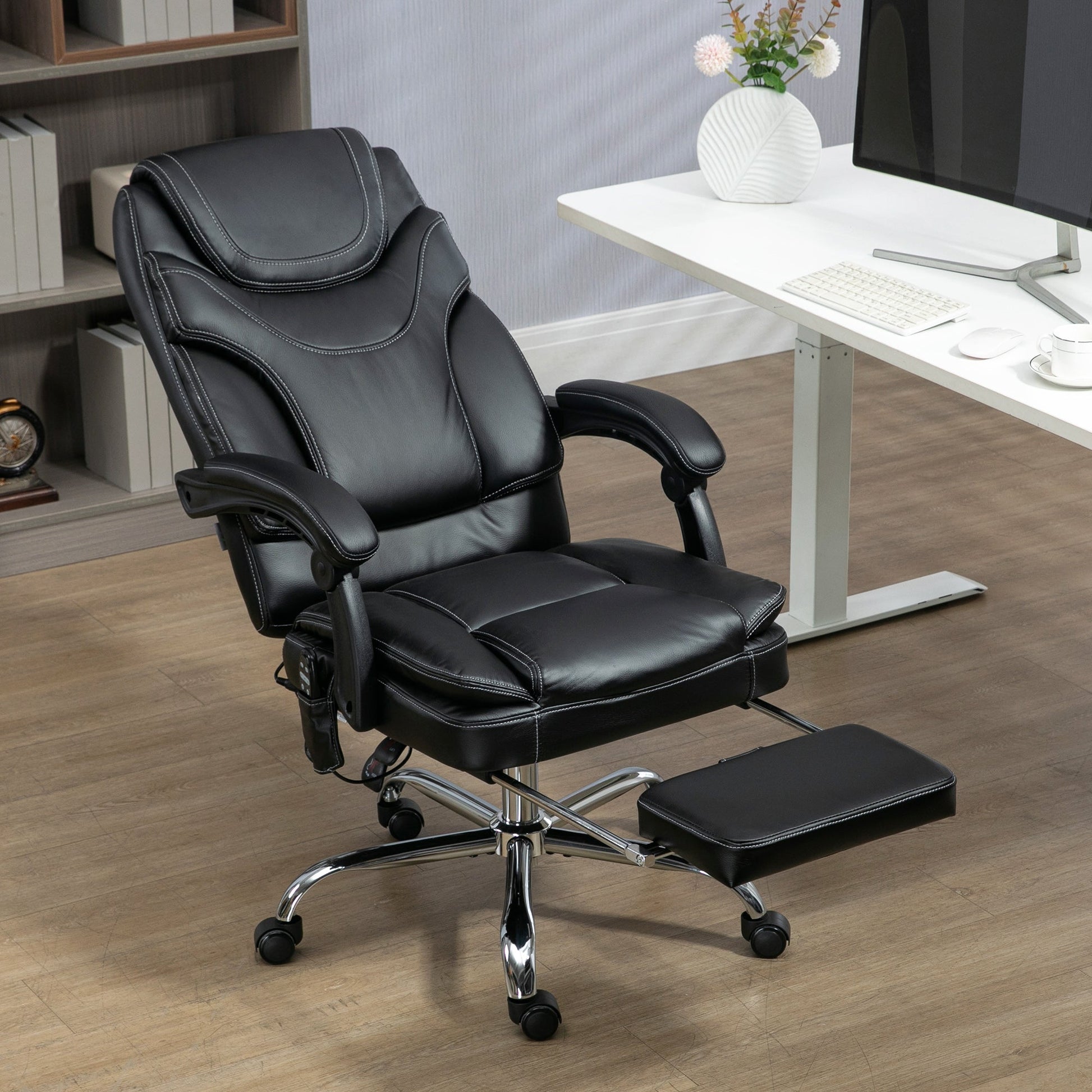 6 Point Vibration Massage Office Chair, PU Leather Heated Reclining Computer Chair with Footrest, Black Massage Chairs   at Gallery Canada