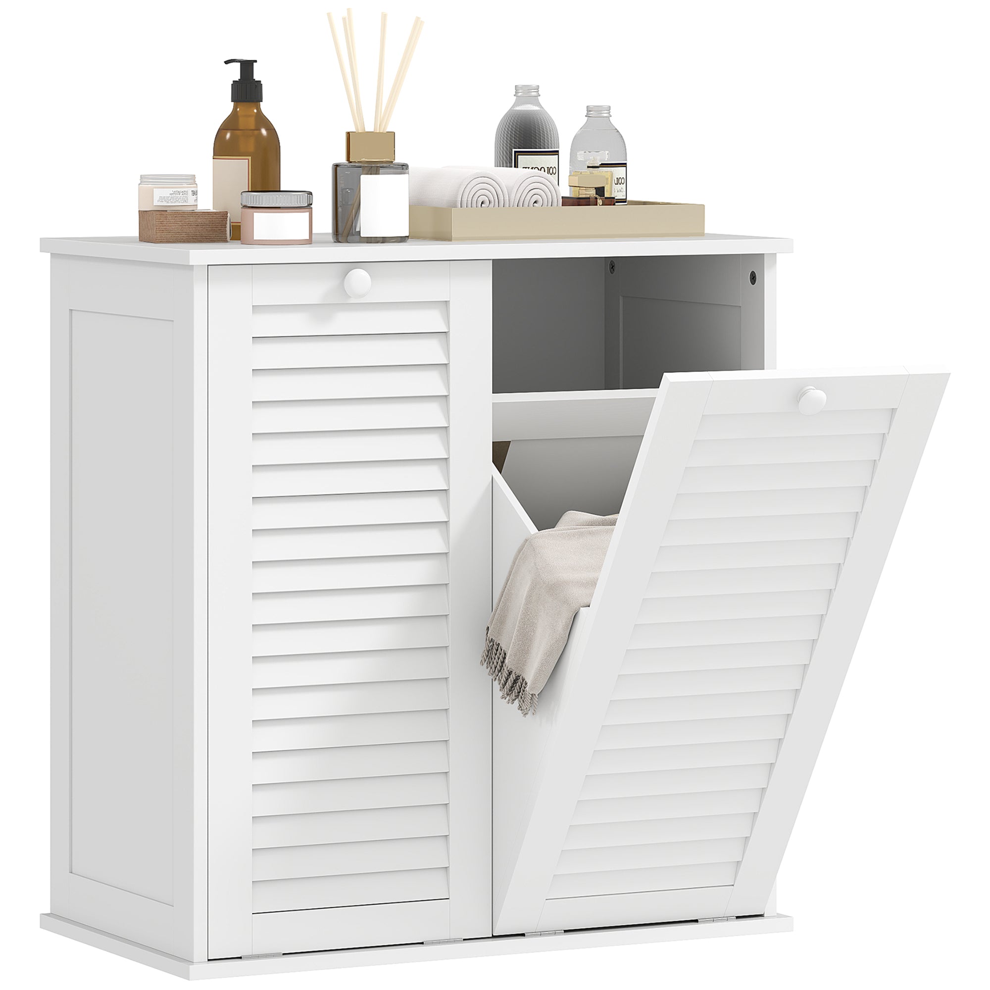 Tilt Out Laundry Cabinet, Laundry Basket Cabinet with 2 Baskets and 2 Louvered Doors, White Bathroom Cabinets at Gallery Canada