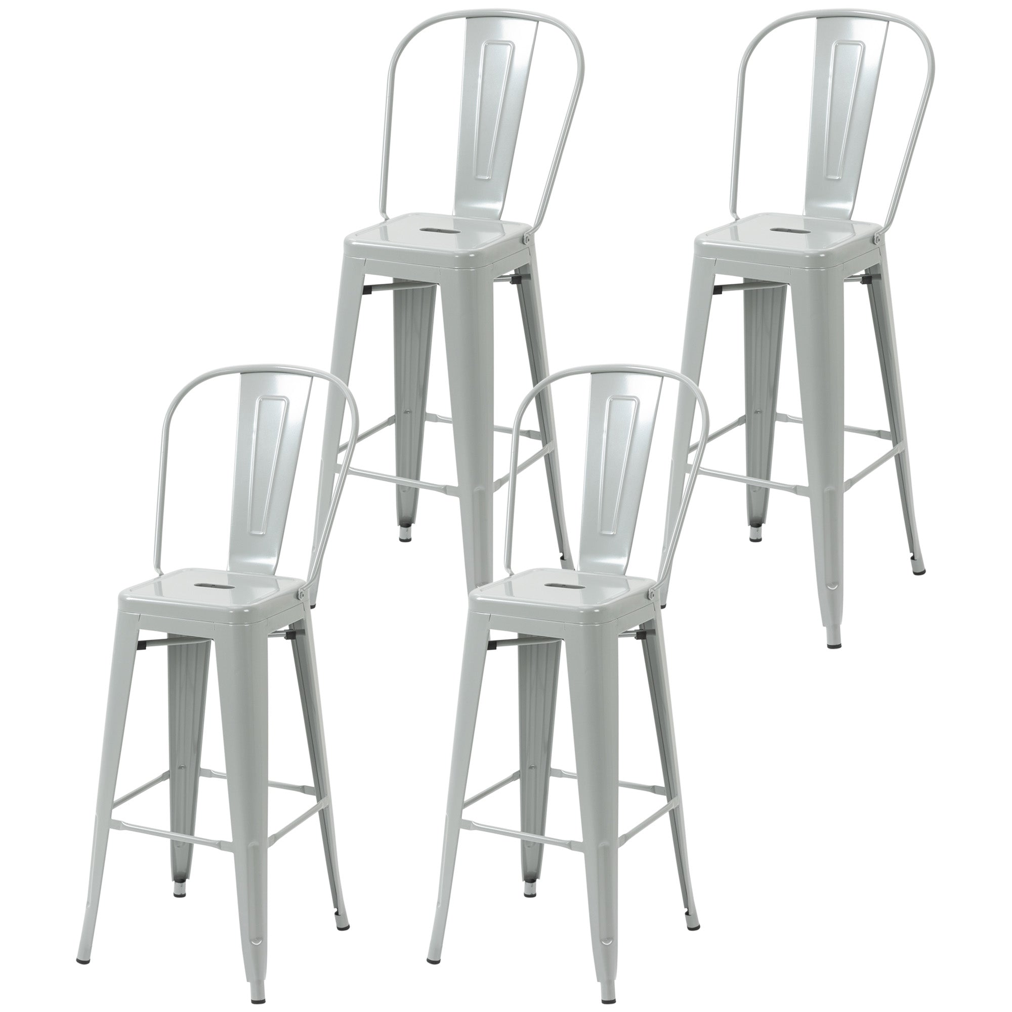 Set of 4 Bar Stools Kitchen Industrial Breakfast Bistro Cafe Metal Frame Silver Grey Bar Stools Silver Grey  at Gallery Canada