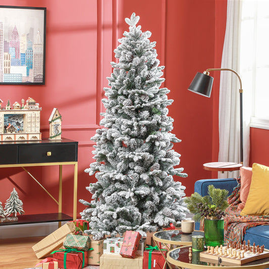 6ft Flocked Artificial Christmas Tree with 1489 Snow Tips, Pinecones, Metal Stand, Hinged Xmas Tree for Home Flocked Christmas Trees   at Gallery Canada