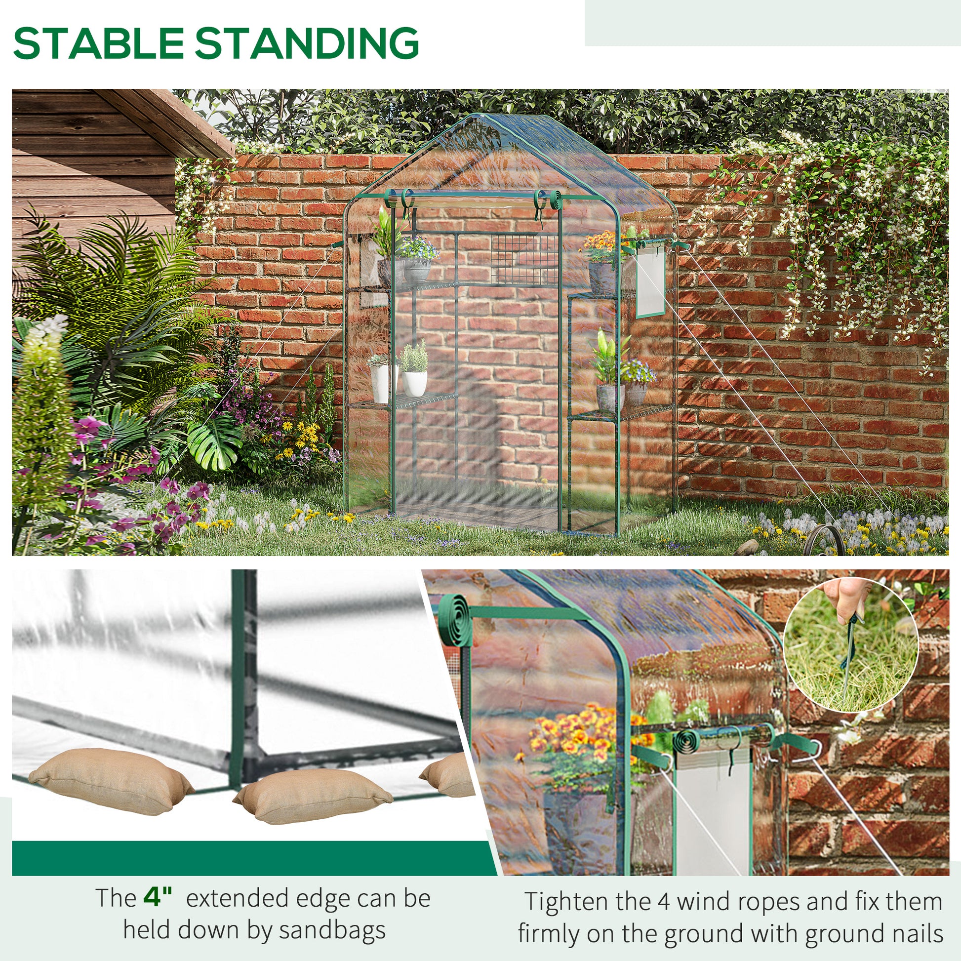 3-Tier Mini Greenhouse, Walk-in Greenhouse, Garden Hot House with 4 Shelves, Roll-Up Door, Mesh Windows, Trellis and Plant Labels, 56" x 29" x 77", Clear Greenhouses at Gallery Canada