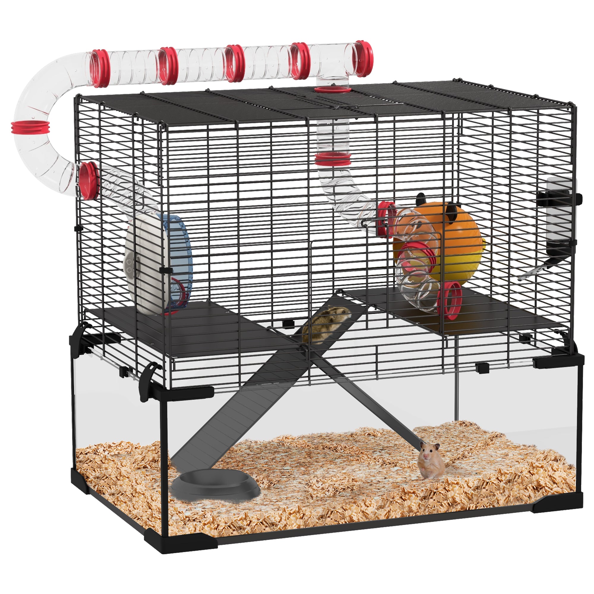 Hamster Cage with Deep Glass Bottom, Tunnel Tube System, Platforms, Hut, Exercise Wheel, Water Bottle, 24