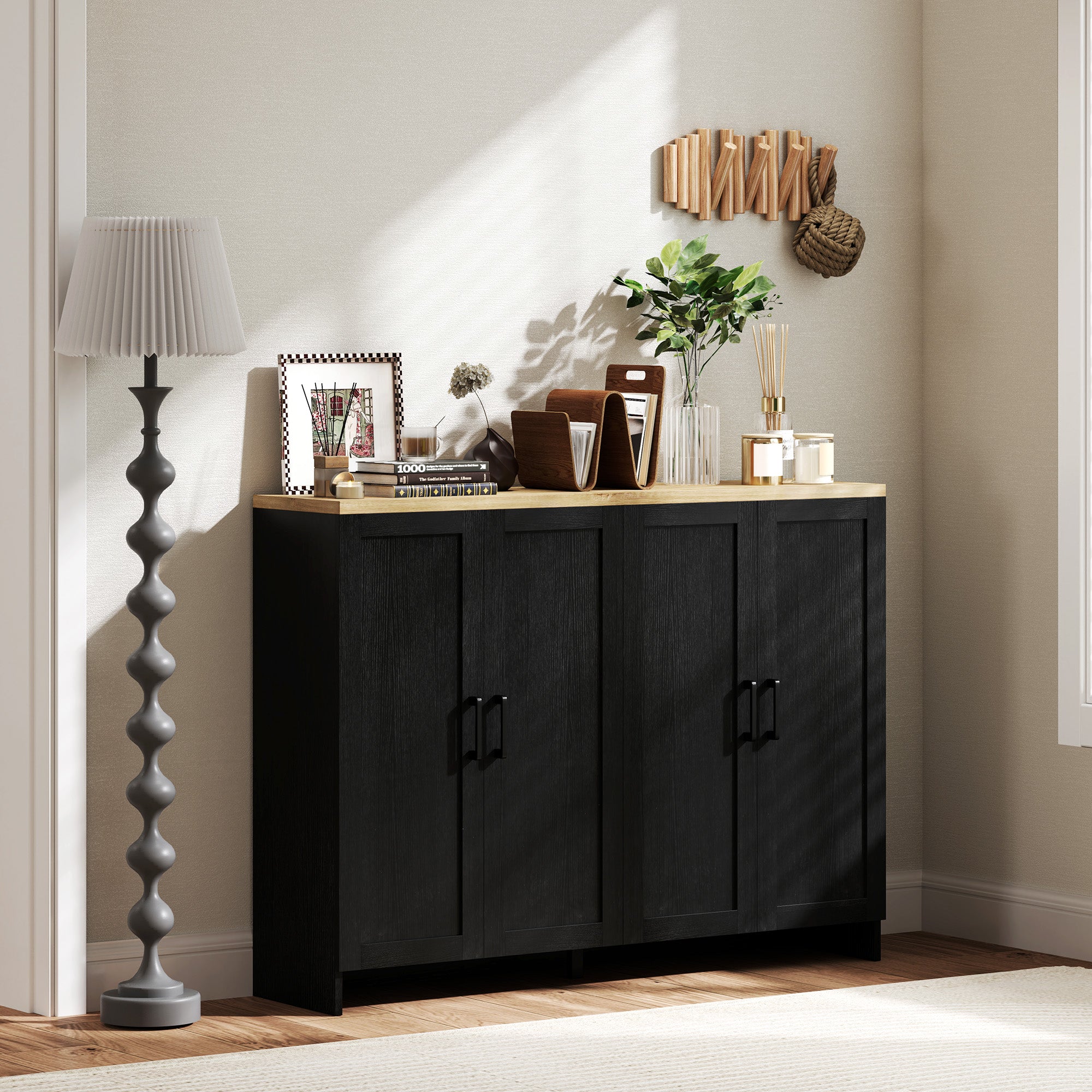 Modern Sideboard Buffet Cabinet, Modern Kitchen Storage Cabinet with 4 Doors Adjustable Shelves, for Dining Room, Black Storage Cabinets at Gallery Canada