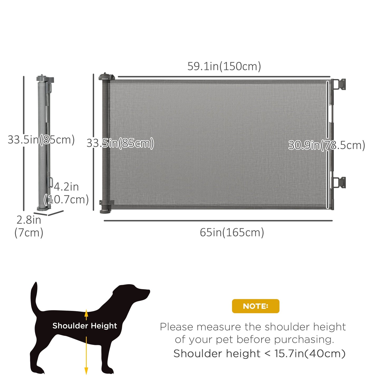 Tall Retractable Pet Gate, 33.5" x 59.1", Foldable Mesh, Single Hand Use, Grey Houses, Kennels & Pens   at Gallery Canada