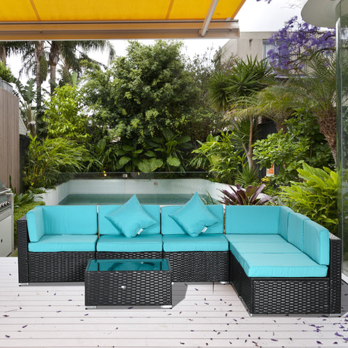 7 Pieces Patio Sofa Outdoor Wicker Sectional Patio Furniture, Deep Coffee &; Light Blue