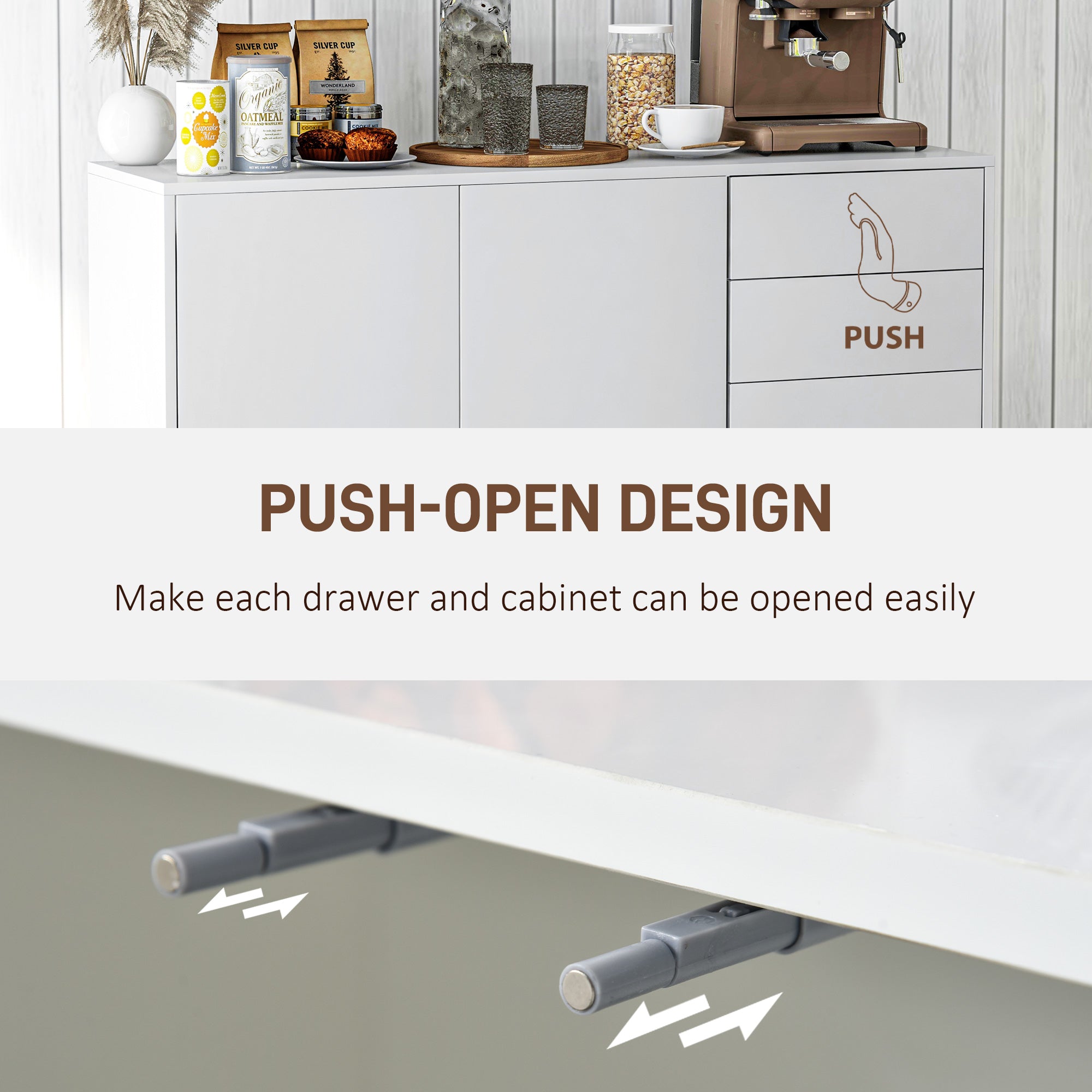 Kitchen Sideboard Storage Cabinet, Modern Coffee Bar with Push-Open Design and 2 Drawers for Living Room, White Kitchen Pantry Cabinets   at Gallery Canada