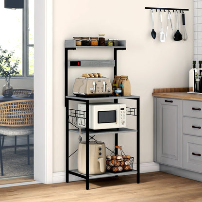 Kitchen Baker's Rack with Power Outlet, Coffee Bar Station with Adjustable Shelves and Hooks, Distressed Grey Bar Cabinets Multi Colour  at Gallery Canada