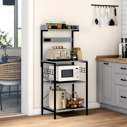 Kitchen Baker's Rack with Power Outlet, Coffee Bar Station with Adjustable Shelves and Hooks, Distressed Grey Bar Cabinets   at Gallery Canada