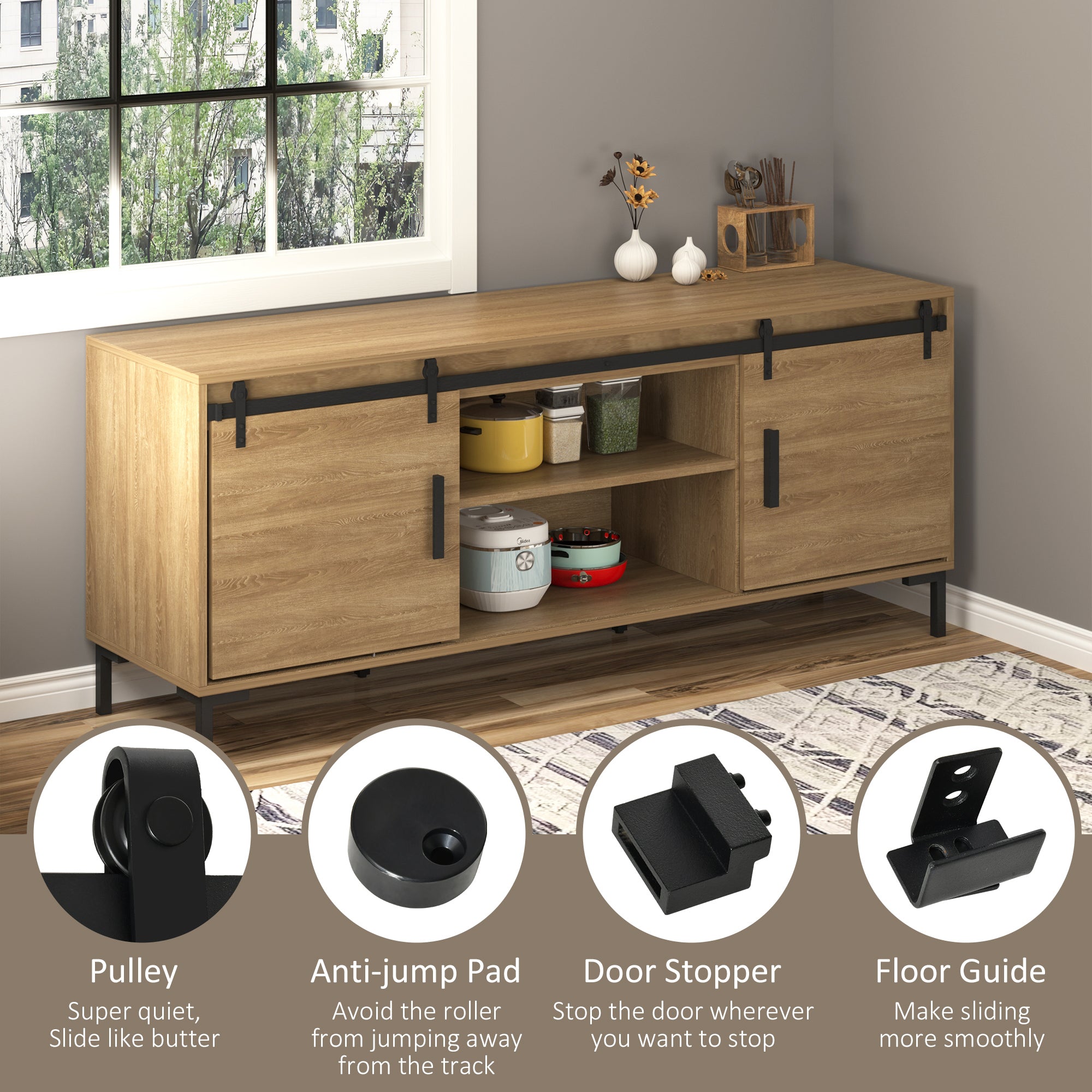 Mini Sliding Barn Door Hardware Kit for Double Doors, TV Stands, Cabinet Barn Door Hardware Kit, Fit 17.7