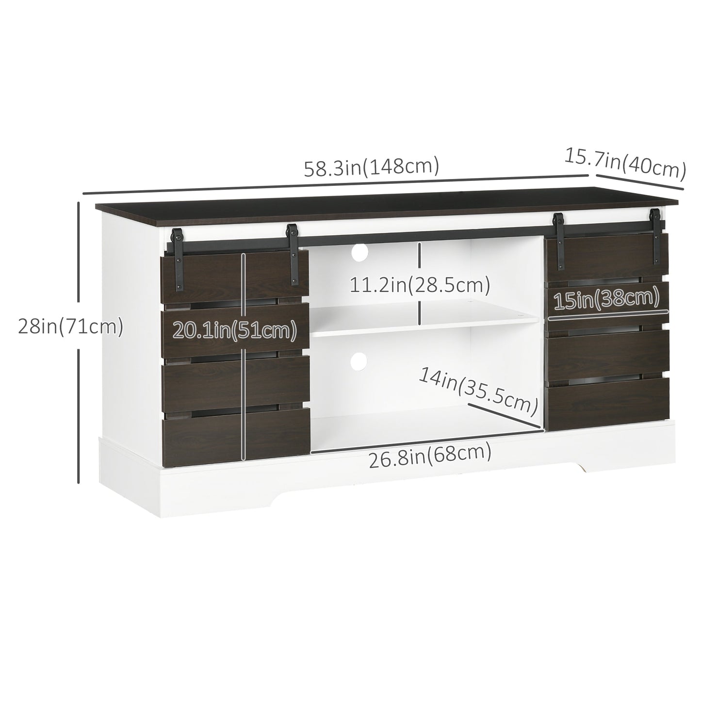 TV Stand for TVs up to 55 Inches, TV Unit with Shelves, Sliding Doors for Living Room, 58.3"x15.7"x28", Brown and White TV Stands   at Gallery Canada