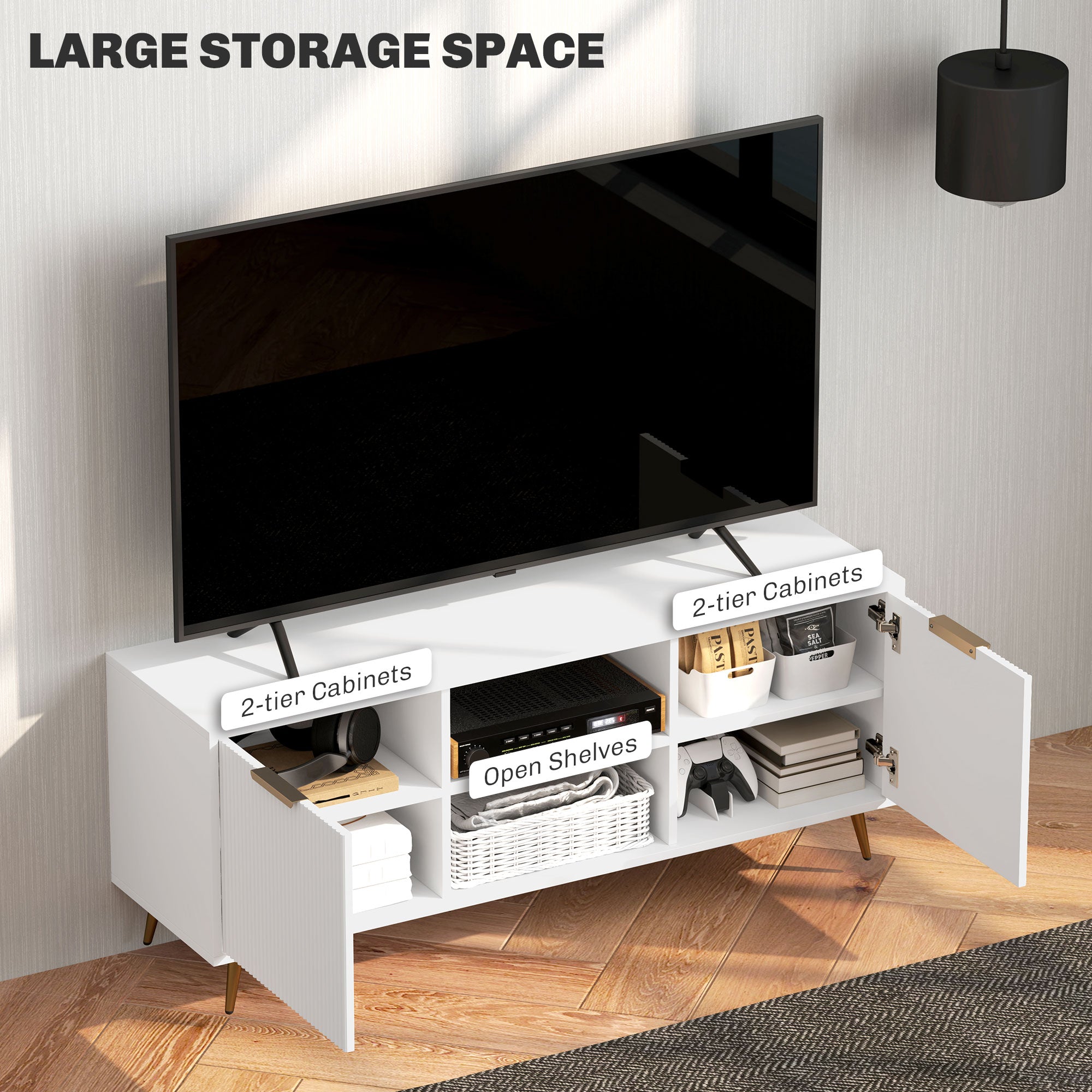 TV Stand with Storage for 55 Inch TV, Modern TV Cabinet with 2 Open Shelves and 2 Cabinets for Living Room, White TV Stands at Gallery Canada