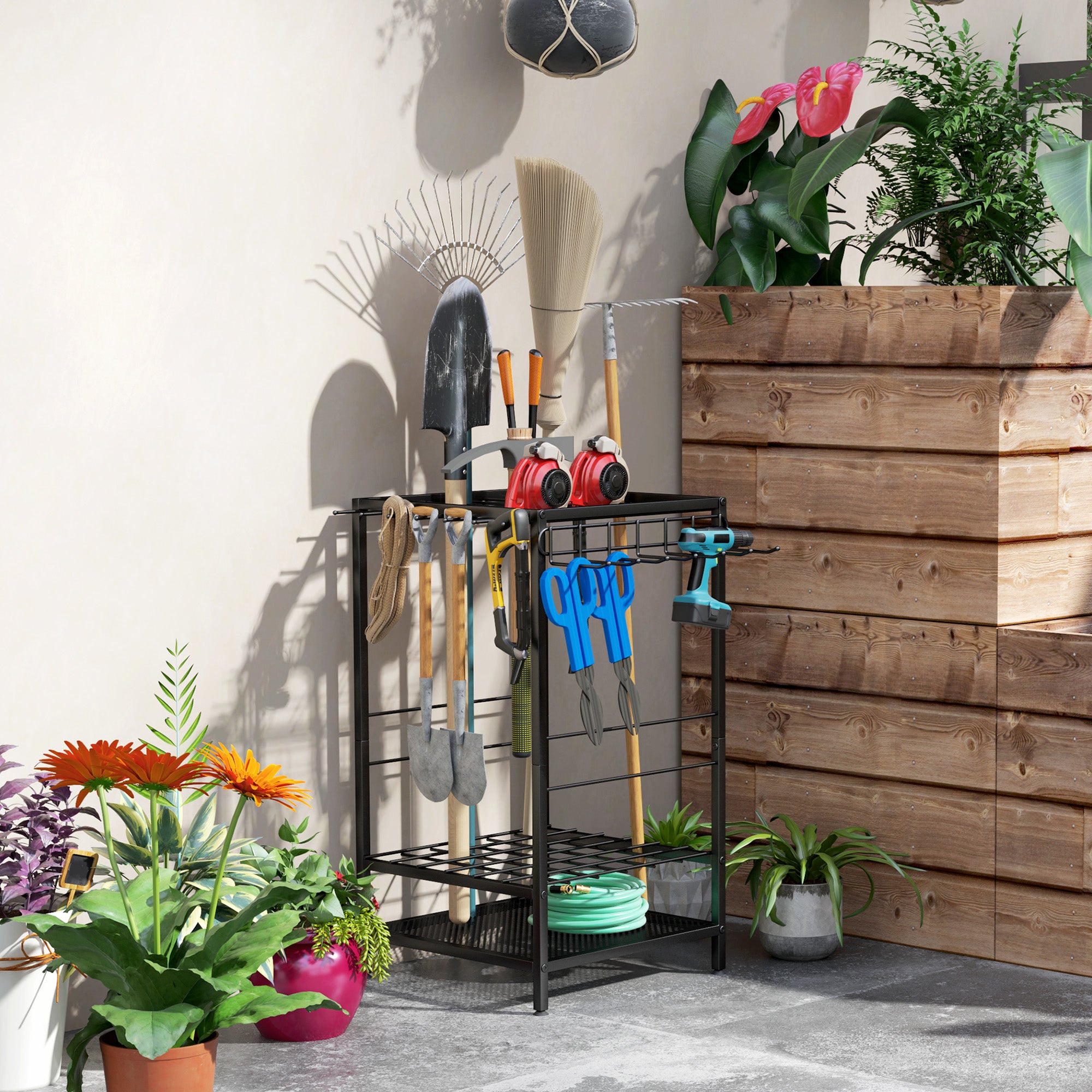 3-Tier Yard Tool Tower Rack, Garden Tool Organizer with 14 Hooks for Long-Handled Rakes, Shovel, Broom, Black Garden Accessories at Gallery Canada