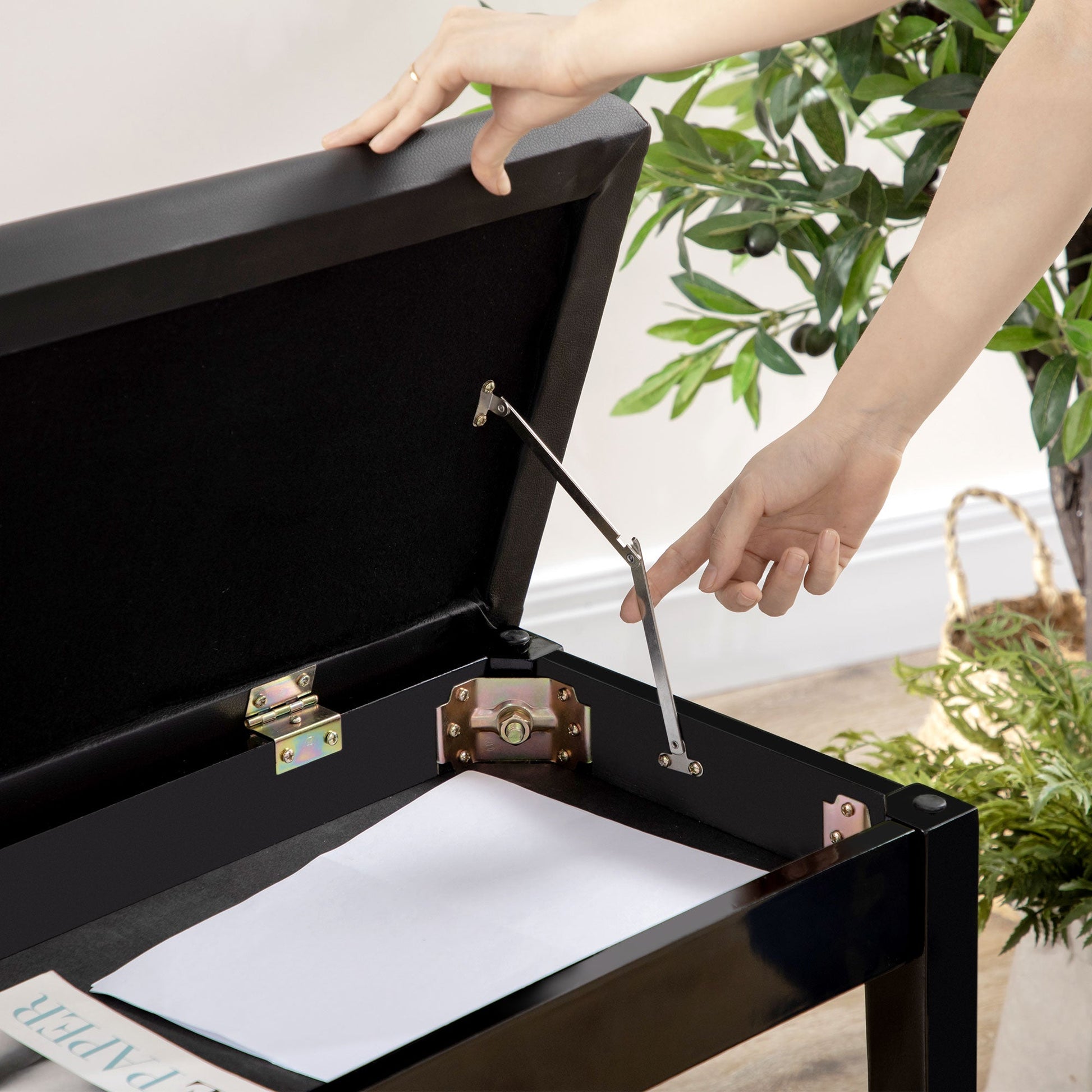 Classic Piano Bench Stool, PU Leather Padded Keyboard Seat with Rubber Wood Legs and Music Storage Compartment, Black Piano Benches   at Gallery Canada