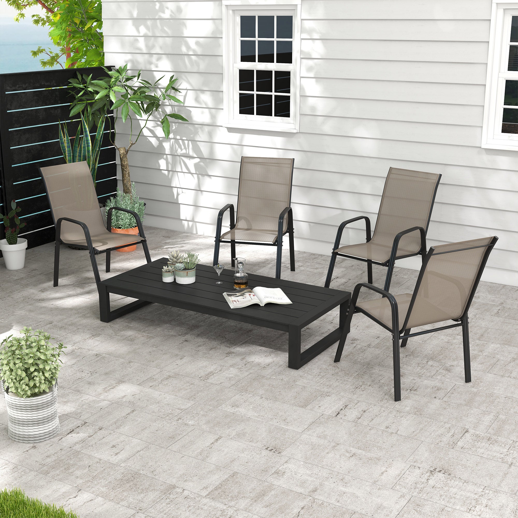 Set of 4 Outdoor Dining Chairs, Heavy Duty Stackable Patio Dining Set with Armrests for Balcony Garden, Grey Patio Chairs at Gallery Canada