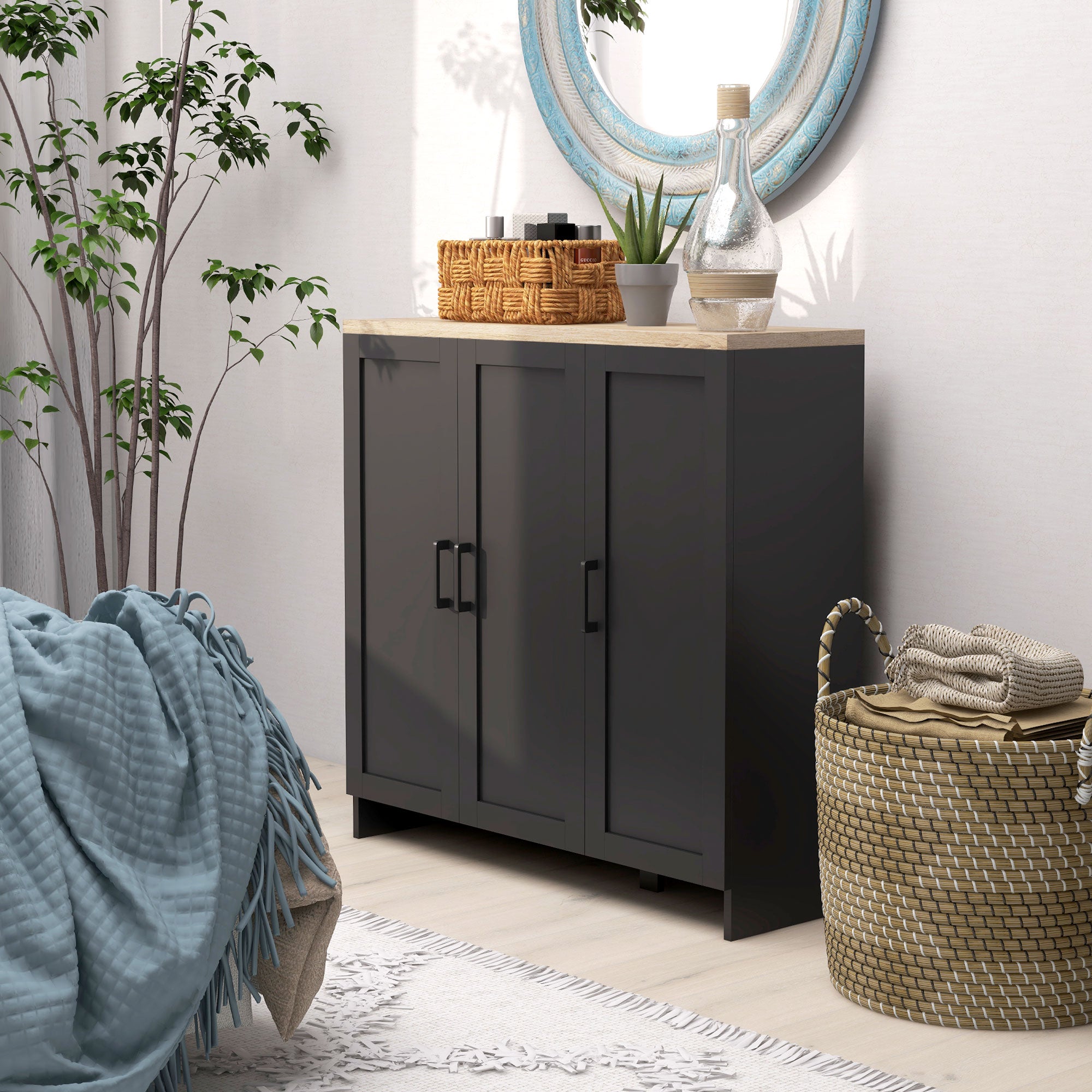 Modern Sideboard Buffet Cabinet, Modern Kitchen Storage Cabinet with 3 Doors Adjustable Shelves, for Dining Room, Black Kitchen Pantry Cabinets at Gallery Canada