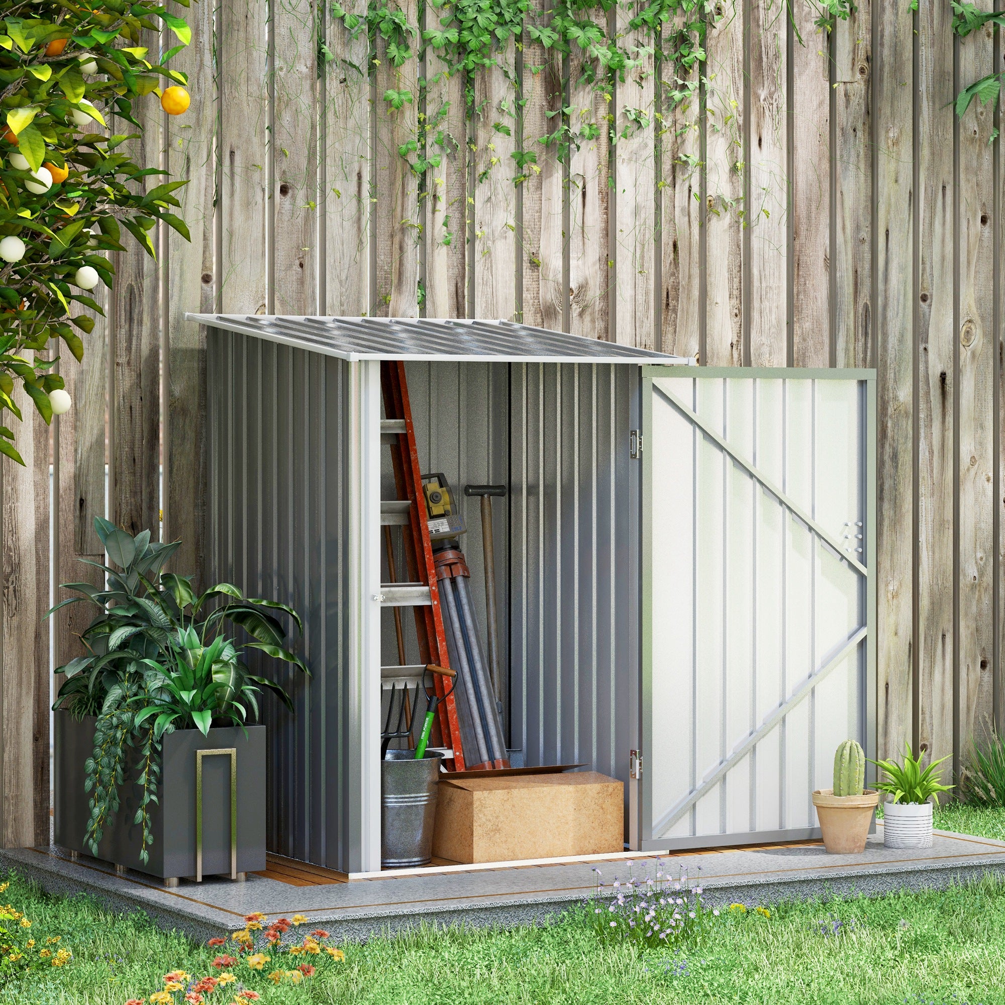 3.3' x 3.4' Lean-to Garden Storage Shed, Outdoor Galvanized Steel Tool House with Lockable Door for Patio Grey Sheds at Gallery Canada