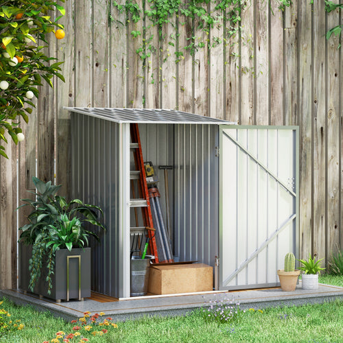 3.3' x 3.4' Lean-to Garden Storage Shed, Outdoor Galvanized Steel Tool House with Lockable Door for Patio Grey