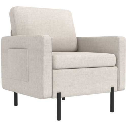 Armchair, Fabric Accent Chair, Modern Living Room Chair with Metal Legs, 2 Side Pockets for Bedroom, Cream