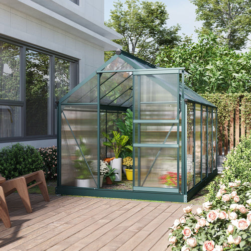 6' x 10' x 6.6' Polycarbonate Greenhouse, Walk-In Green House Kit Garden, Plants Grow, Galvanized Sheet Aluminum Frame with Rain Gutter, Vents and Sliding Door, Green