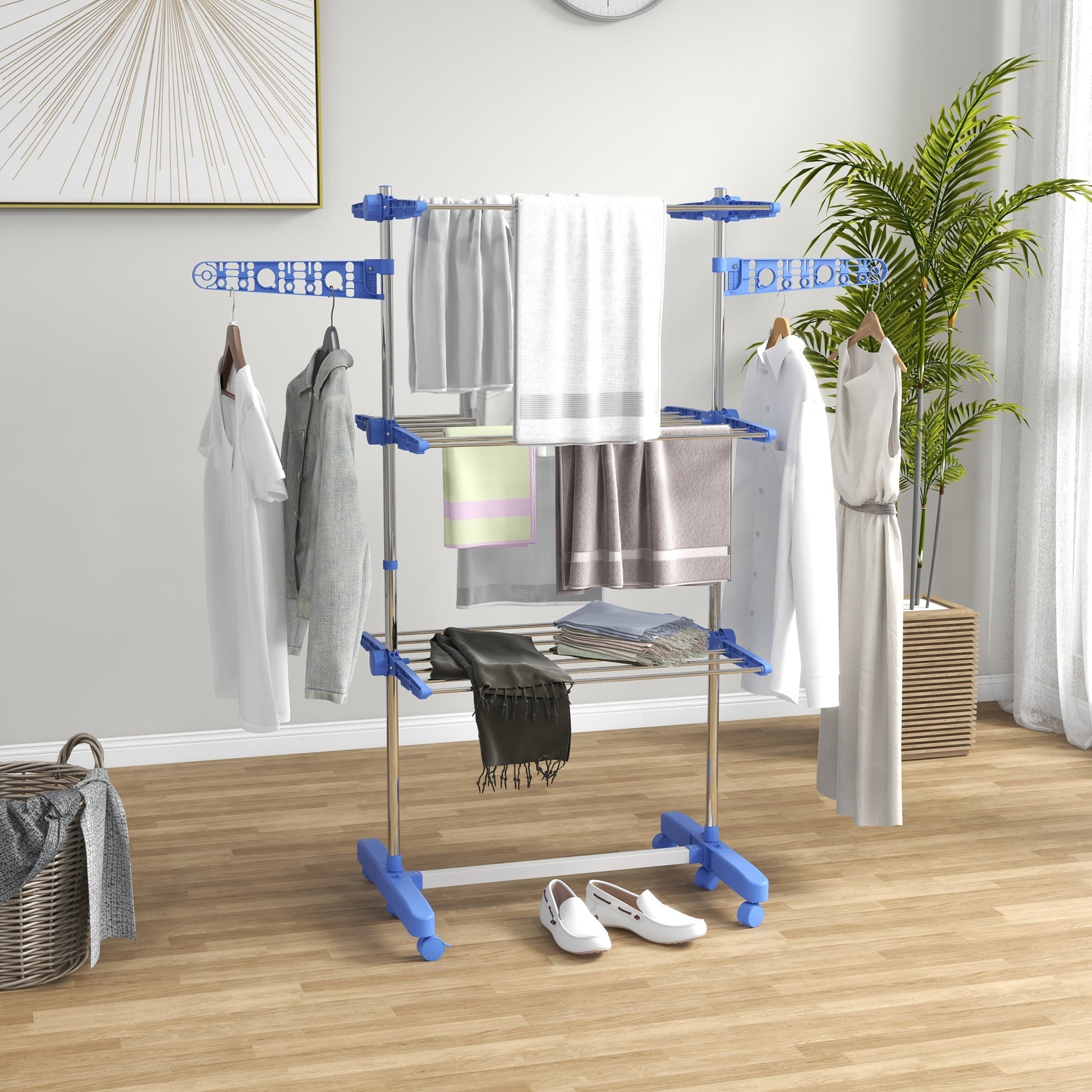 Stainless Steel 3-Tier Collapsible Clothes Drying Rack with Wheels, Blue Bath Accessories   at Gallery Canada