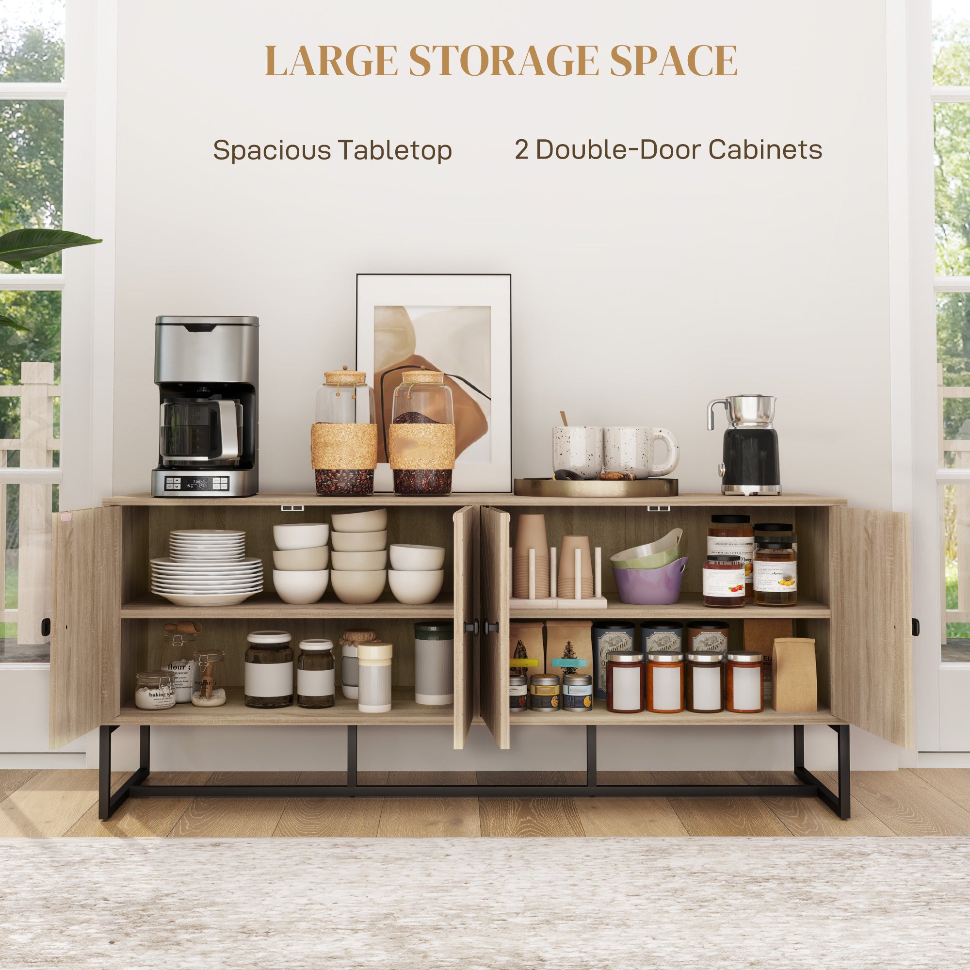 Sideboard Buffet Cabinet with 2 Adjustable Shelves and Steel Base, TV Stand, Coffee Bar Cabinet for Living Room, Oak Storage Cabinets at Gallery Canada