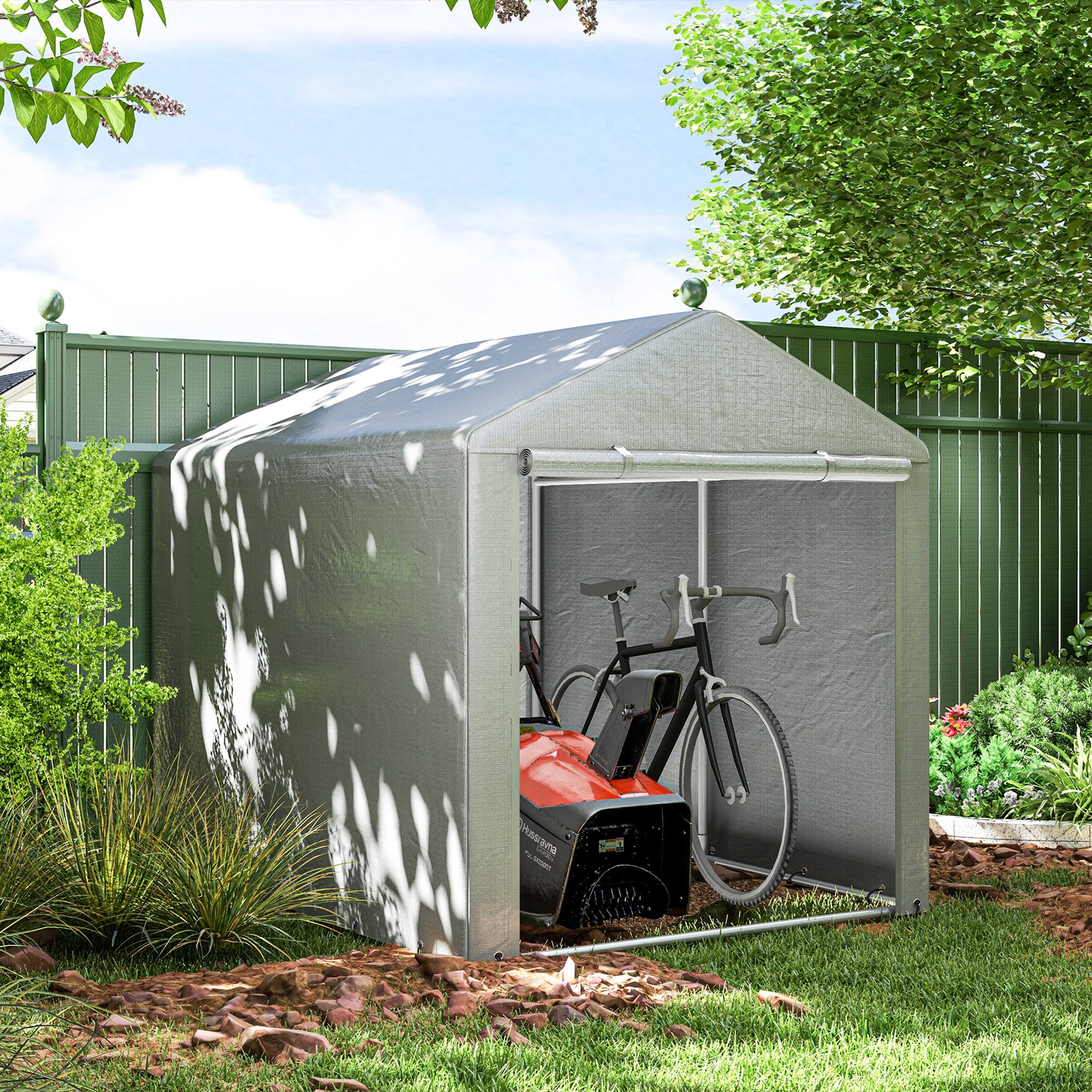 Portable Bicycle Shed with Galvanized Steel Frame and Large Door, Waterproof Outdoor Shed for Garden Tools, Light Grey Sheds at Gallery Canada