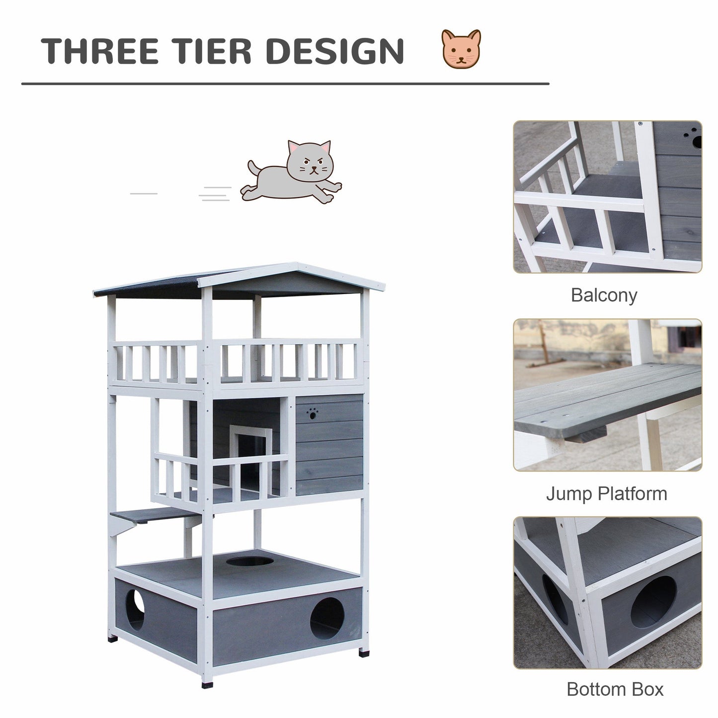 4-Floor Wood Outdoor Cat House Catio for Cats with Condo, Fun Entrances, Perch, Grey Cat Houses   at Gallery Canada