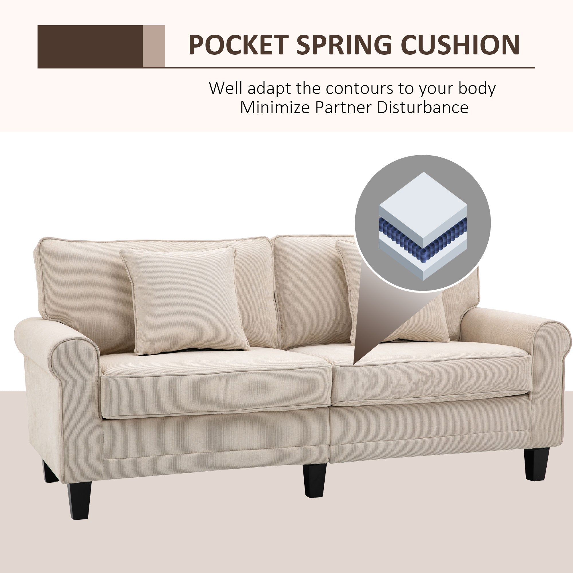 Modern 3 Seater Sofa, Corduroy Fabric 3 Seater Couch with Pine Wood Legs and Rolled Armrests for Living Room, Beige 3-Seater Sofas   at Gallery Canada