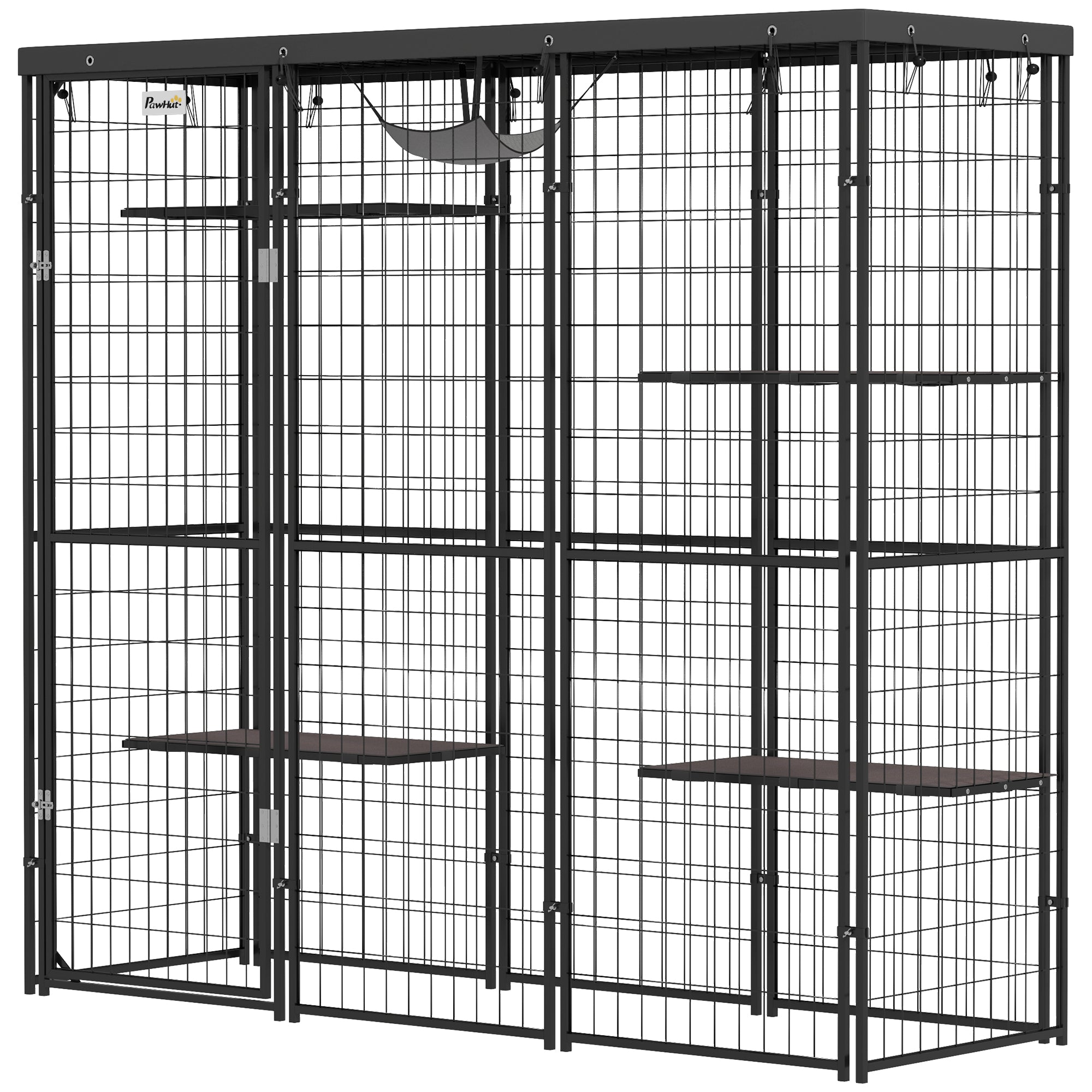 Weld Wire Catio Outdoor Indoor with Waterproof Cover, 4 Jumping Platforms, Hammock, 69