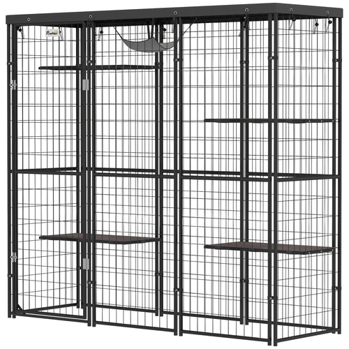 Weld Wire Catio Outdoor Indoor with Waterproof Cover, 4 Jumping Platforms, Hammock, 69