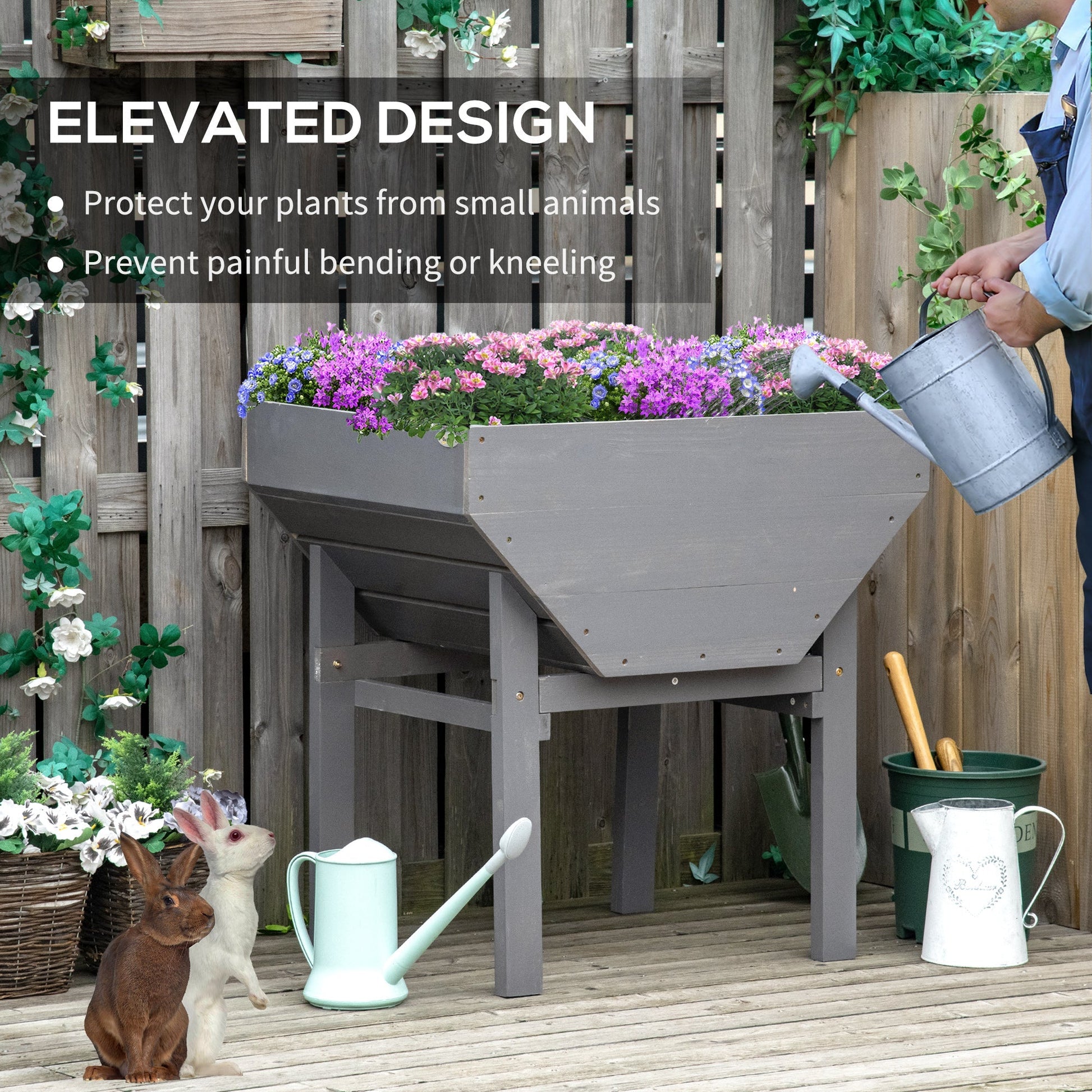 Elevated Planter Box with Legs Wood Raised Garden Bed with Non-Woven Fabric, Elevated Planting Box, Outdoor Vegetable Flower Container, Grey Raised Garden Beds   at Gallery Canada