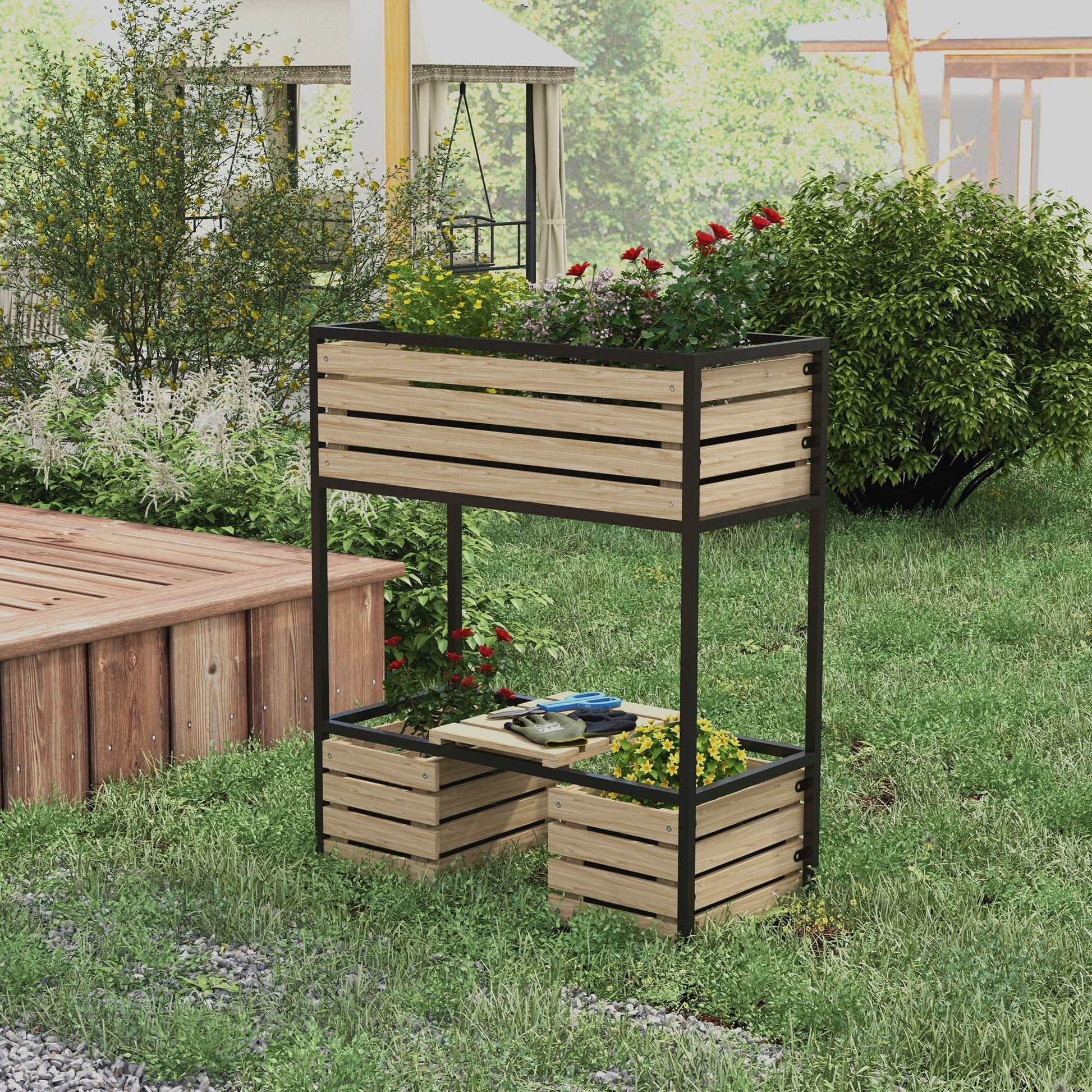 Elevated Planter Box, Wooden Raised Garden Bed with Storage Shelf for Flowers, Vegetables, Herbs, Light Brown Elevated Garden Beds   at Gallery Canada