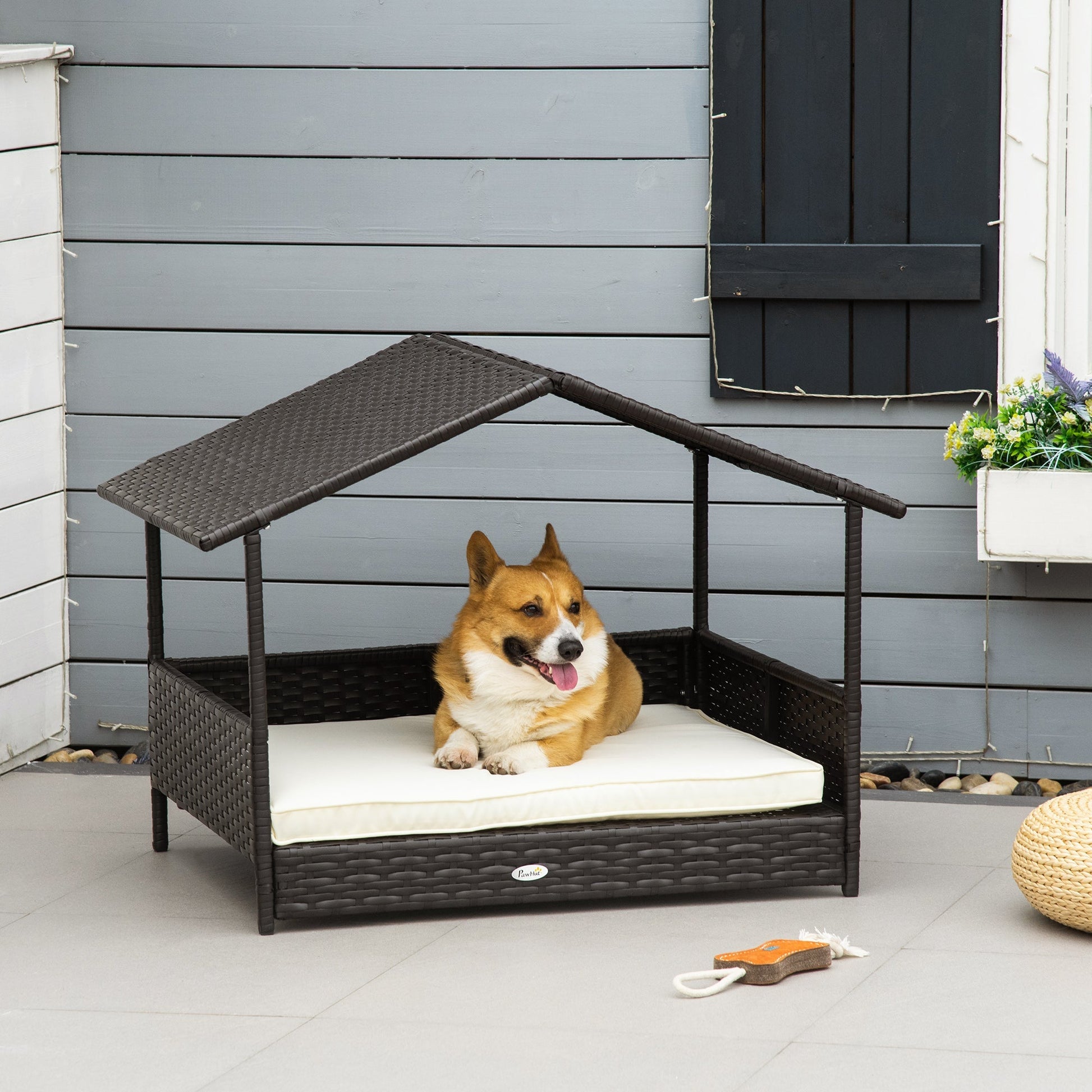 Elevated Rattan Dog House Outdoor with Canopy, Wicker Dog Bed with Water-Resistant Cushion, for Small and Medium Dogs Cream White Houses, Kennels & Pens   at Gallery Canada