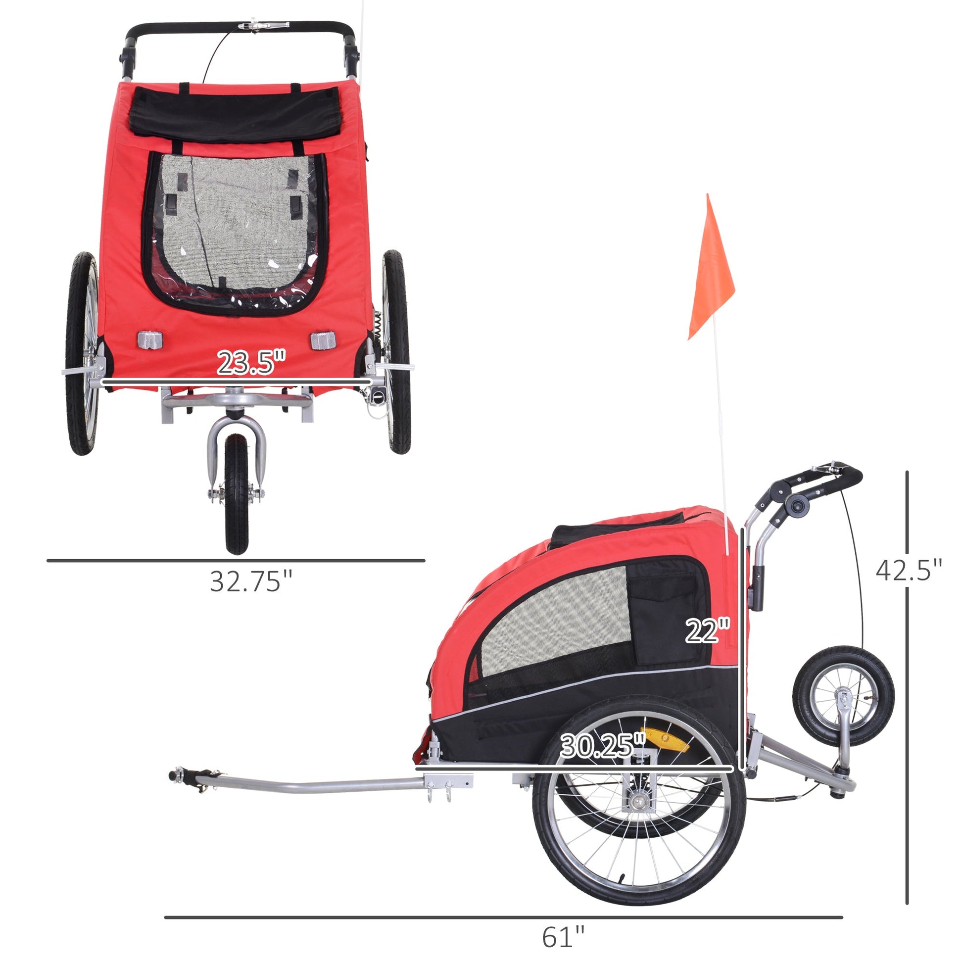 Elite II Dog Bike Trailer 2-In-1 Pet Stroller Cart Bicycle Wagon Cargo Carrier Attachment for Travel with Suspension and Storage Pockets, Red Dog Bike Trailers & Strollers   at Gallery Canada