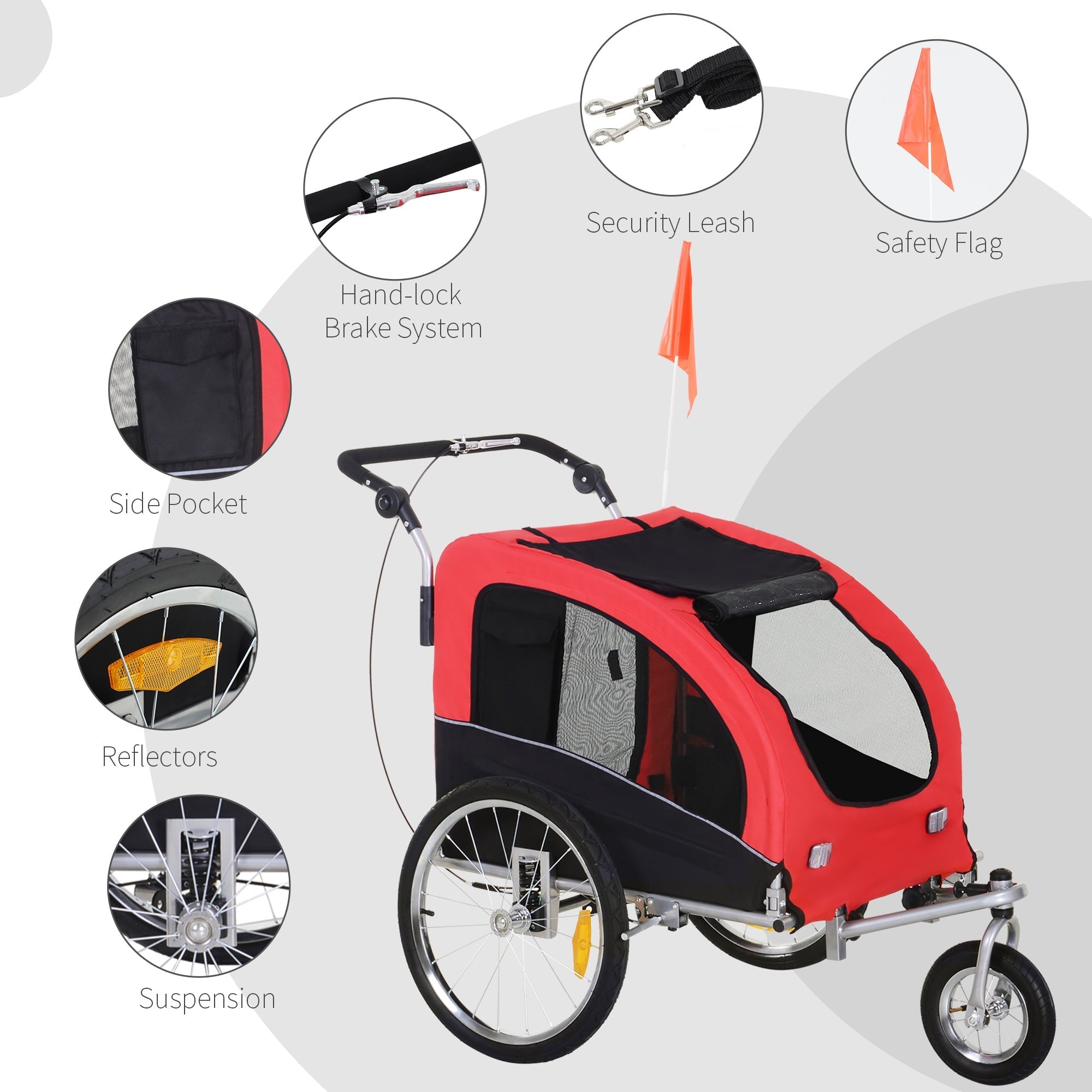 Elite II Dog Bike Trailer 2-In-1 Pet Stroller Cart Bicycle Wagon Cargo Carrier Attachment for Travel with Suspension and Storage Pockets, Red Dog Bike Trailers & Strollers   at Gallery Canada