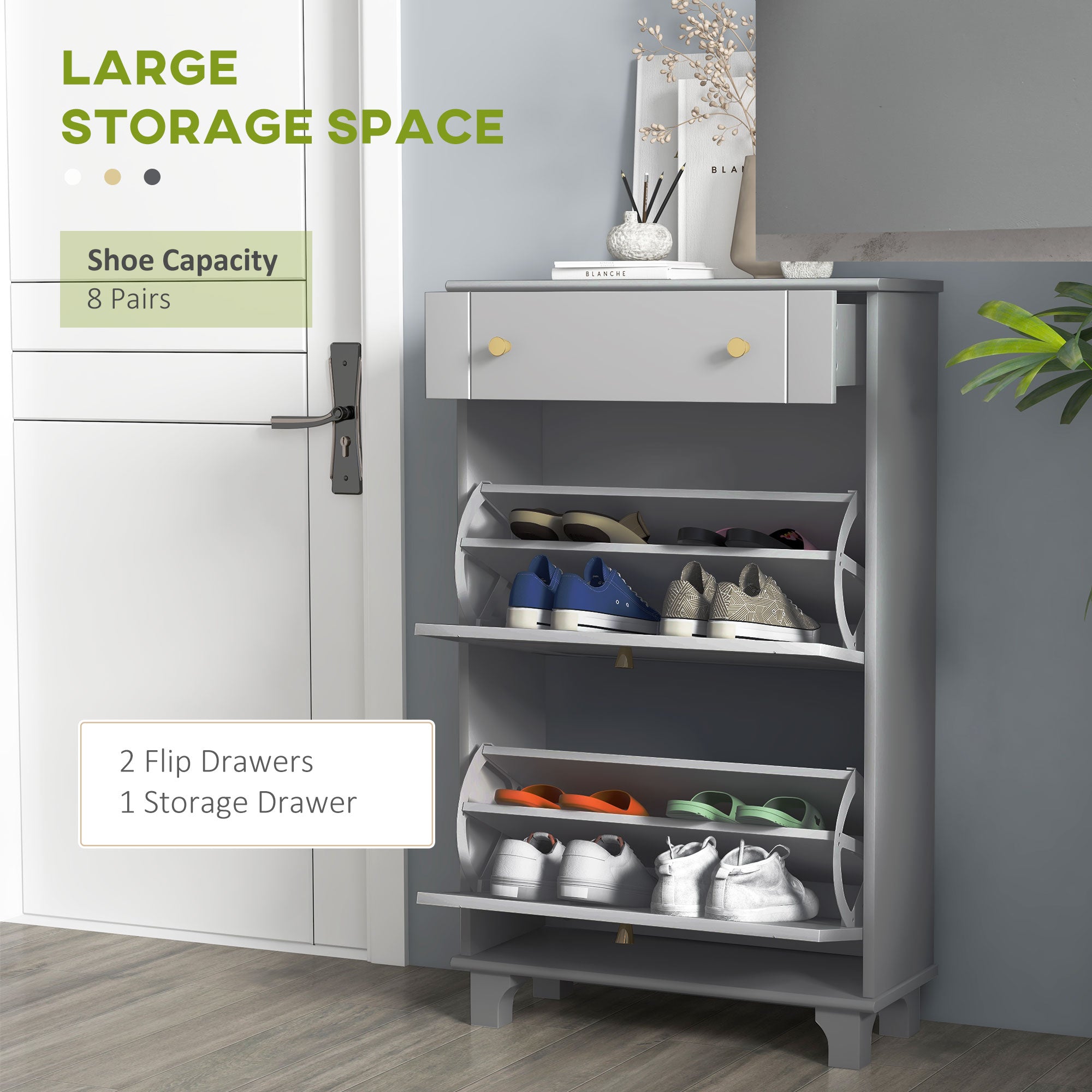 Slim Shoe Storage with 2 Flip Drawers and Adjustable Shelves Shoe Cabinet Organizer for 8 Pair, Grey Shoe Storage Cabinets & Racks   at Gallery Canada