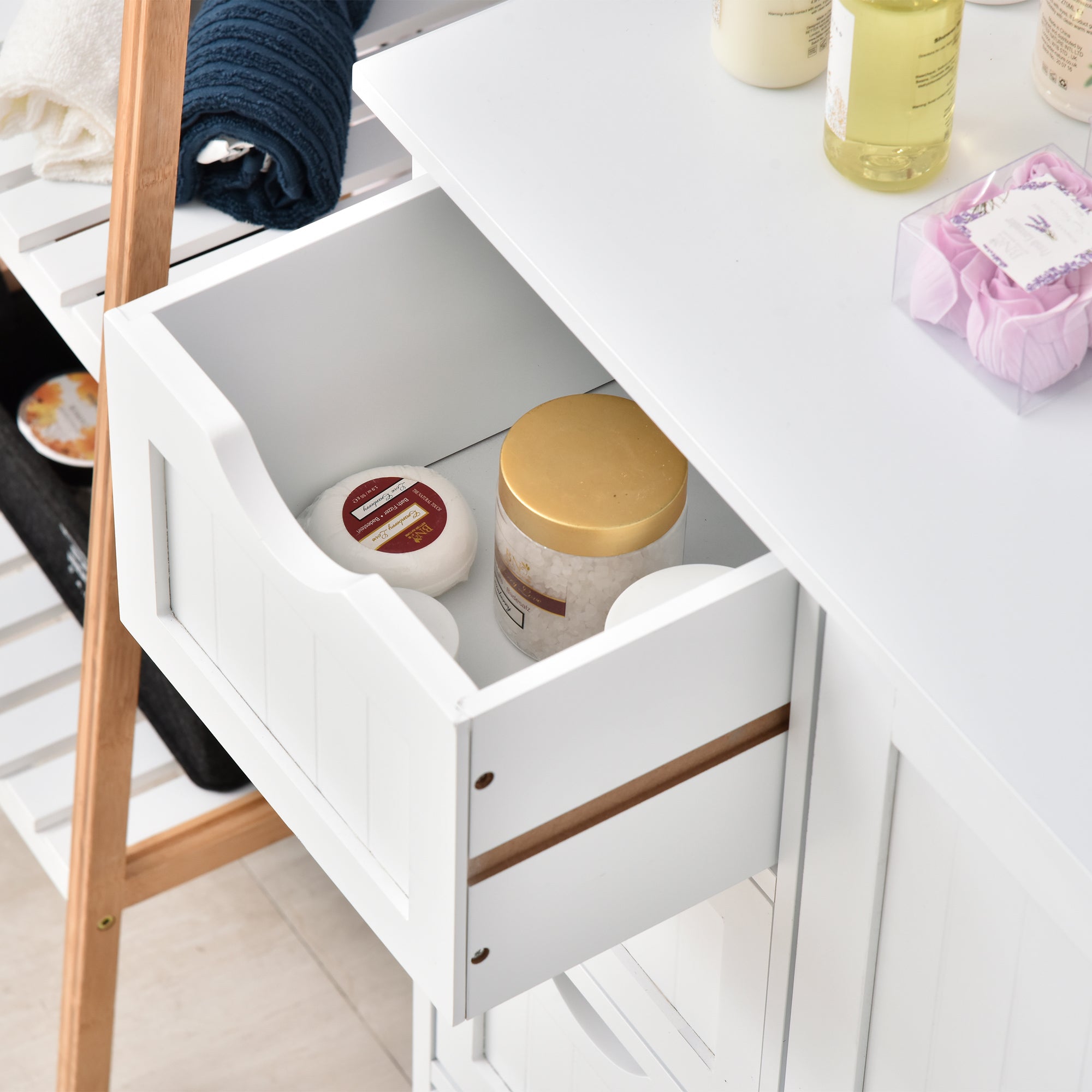 Bathroom Storage Cabinet, Floor Cabinet with Adjustable Shelf and 4 Drawers, Side Cabinet for Washroom, White Bathroom Cabinets   at Gallery Canada