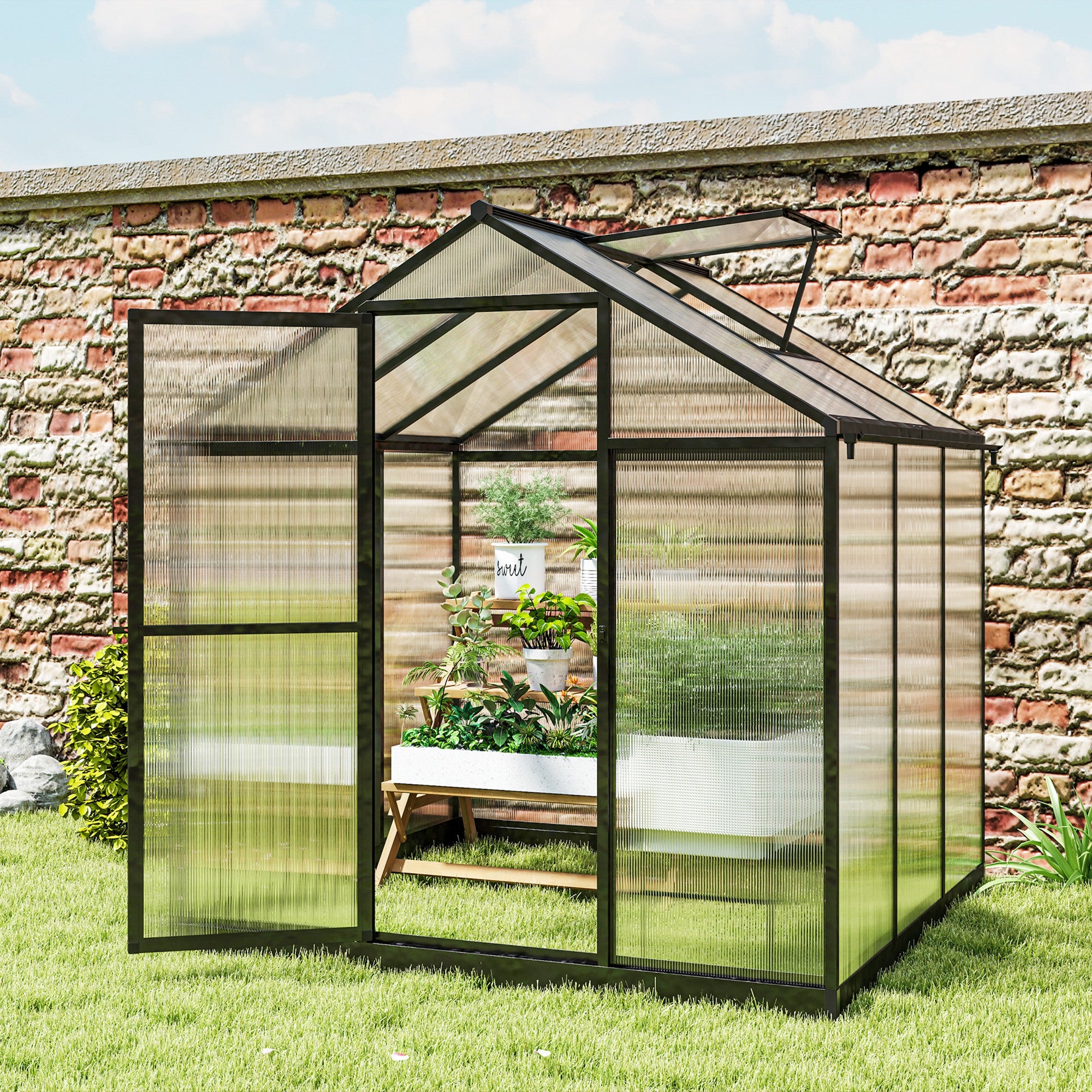 8' x 6' x 6.4' Walk-in Garden Greenhouse Polycarbonate Panels Plants Flower Growth Shed Cold Frame Outdoor Portable Warm House Aluminum Frame, Charcoal Grey Walk In Greenhouses   at Gallery Canada