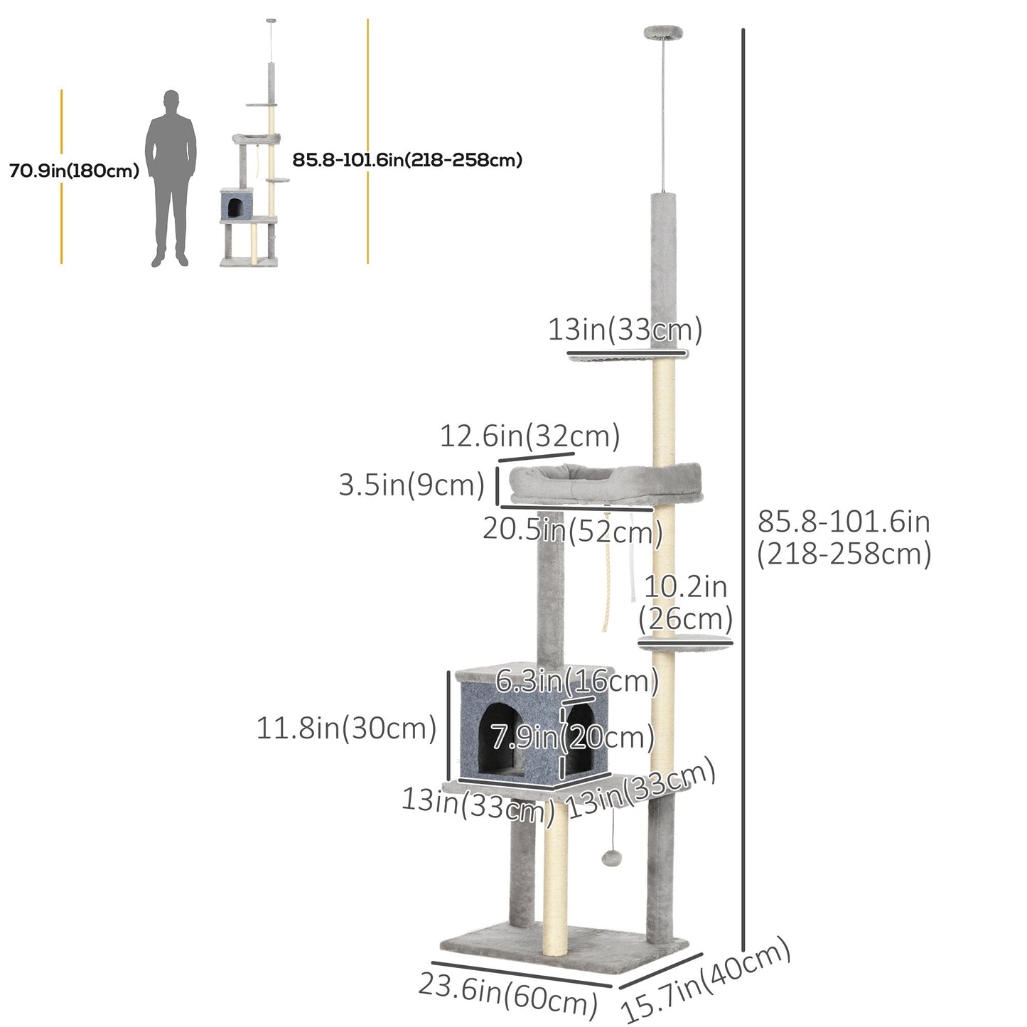 Adjustable Floor-to-Ceiling Cat Tree Tower with Condo and Bed, Grey Floor to Ceiling Cat Trees   at Gallery Canada