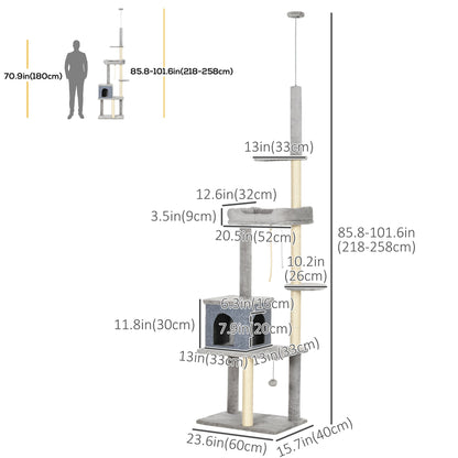 Adjustable Floor-to-Ceiling Cat Tree Tower with Condo and Bed, Grey Floor to Ceiling Cat Trees   at Gallery Canada