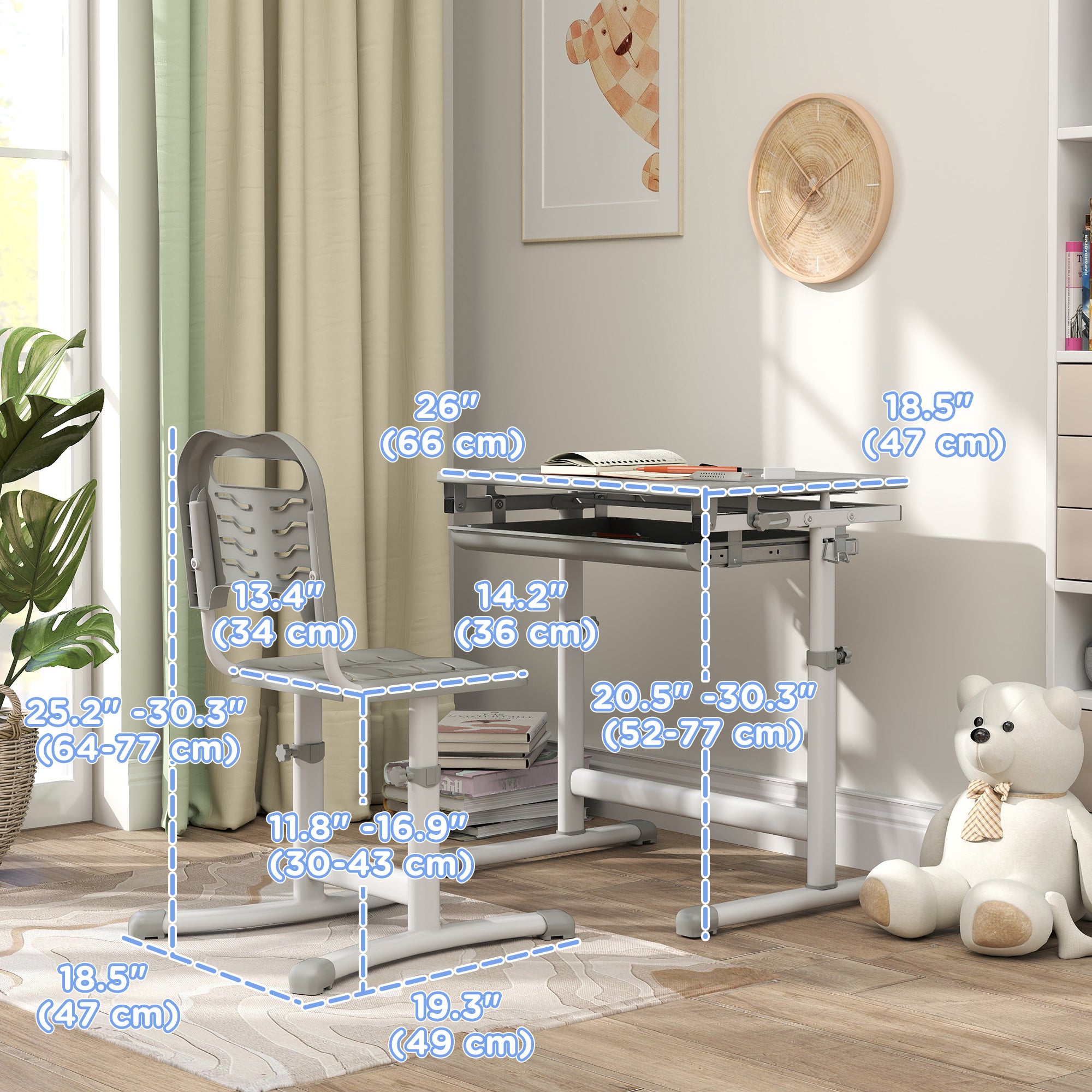 Height Adjustable Study Table and Chair Set with Drawer, Pen Slot, Tiltable Desktop, Hook, Grey Kids Desk Sets   at Gallery Canada