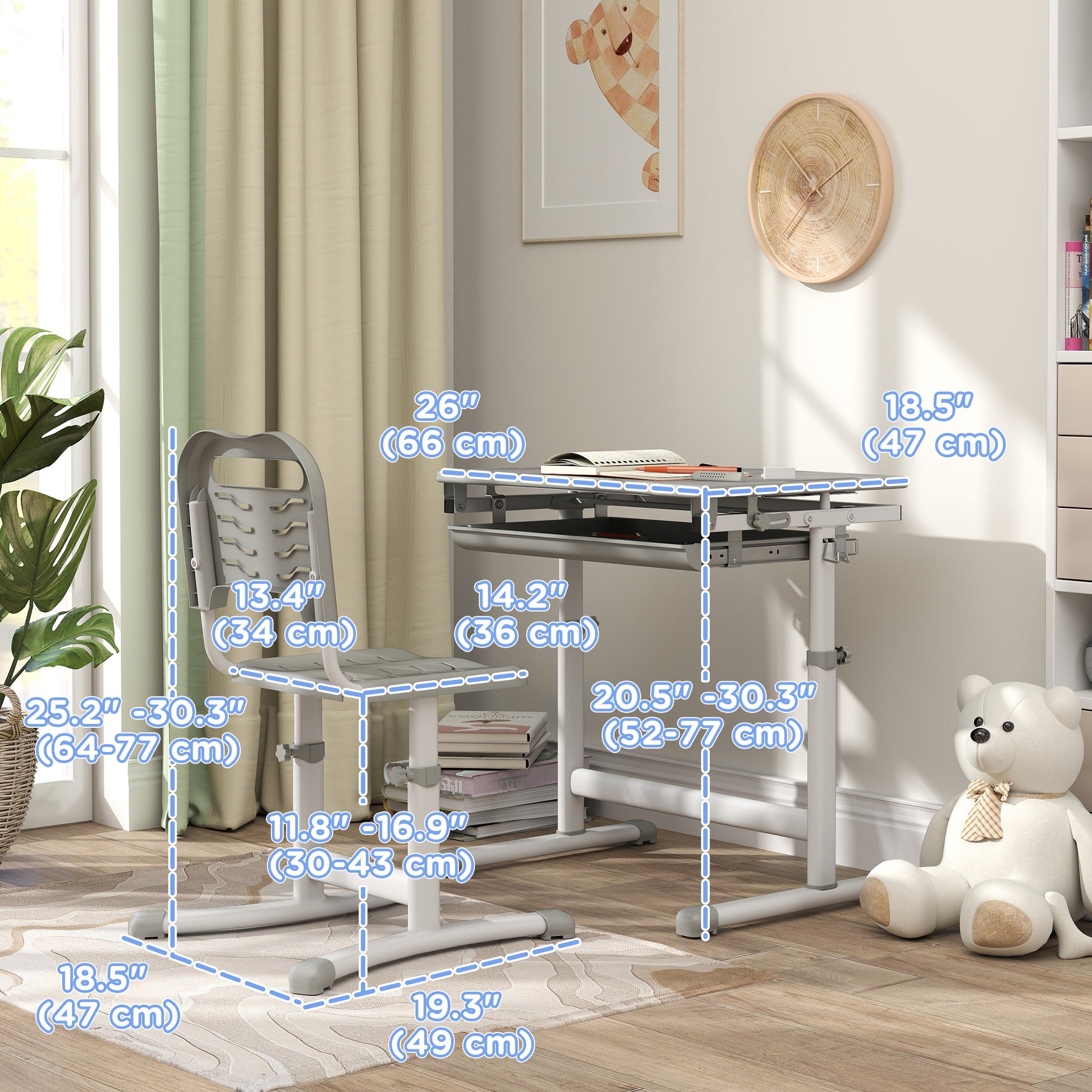 Height Adjustable Study Table and Chair Set with Drawer, Pen Slot, Tiltable Desktop, Hook, Grey Kids Desk Sets   at Gallery Canada